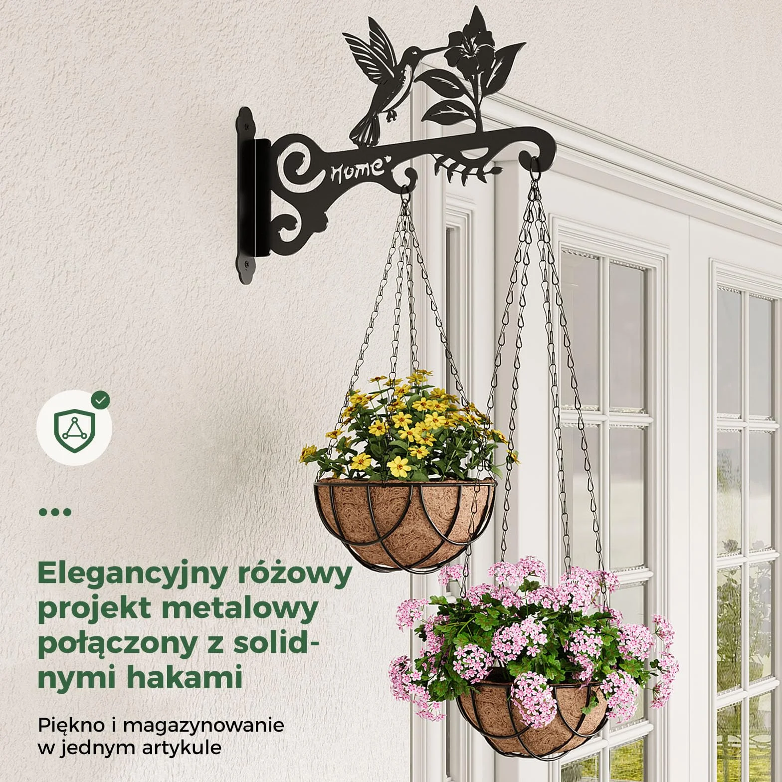 Bamworld Wieszak na Kwiaty 2 Szt. Dekoracyjny Wiszący Kwietnik ze Złotym Kolibrem, Mocny Hak Ścienny i Sufitowy do Zawieszania Roślin, Lampionów, Dzwonków Wietrznych