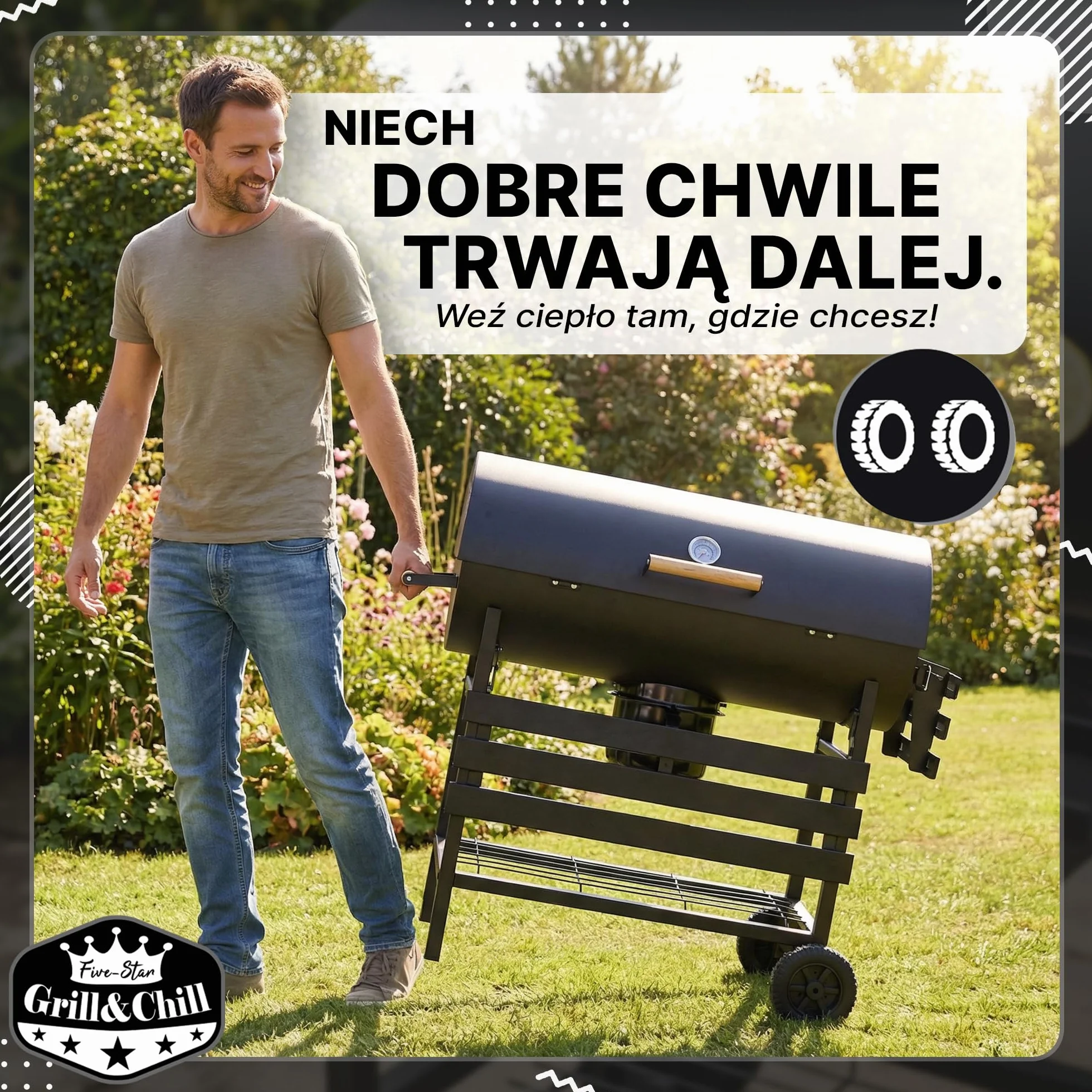 Five-Star Grill & Chill Grill Gril Węglowy - Grill Ogrodowy z Pokrywą, Koła, Półki, Grill Przenośny, powierzchnia rusztu 71 x 35 cm, model GC0002