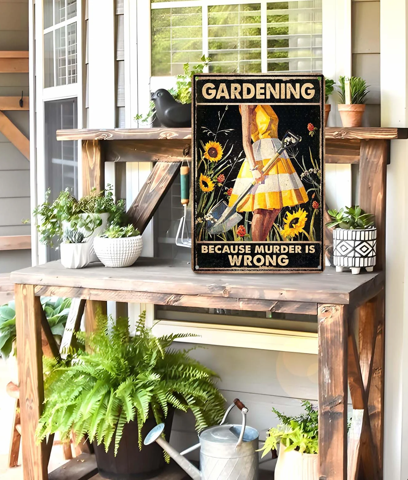 Funny Garden Decor Garden Gifts Gardening Because Murder Is Wrong Metal Garden Sign Outdoor, 12" x 8", (263)