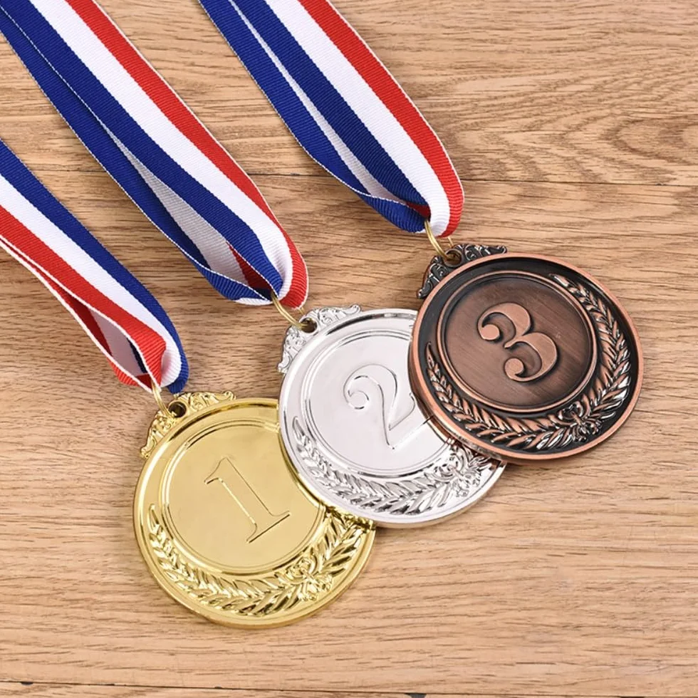 Medale metalowe złoty srebrny brąz 1 2 3 olimpijskie z wstążkami