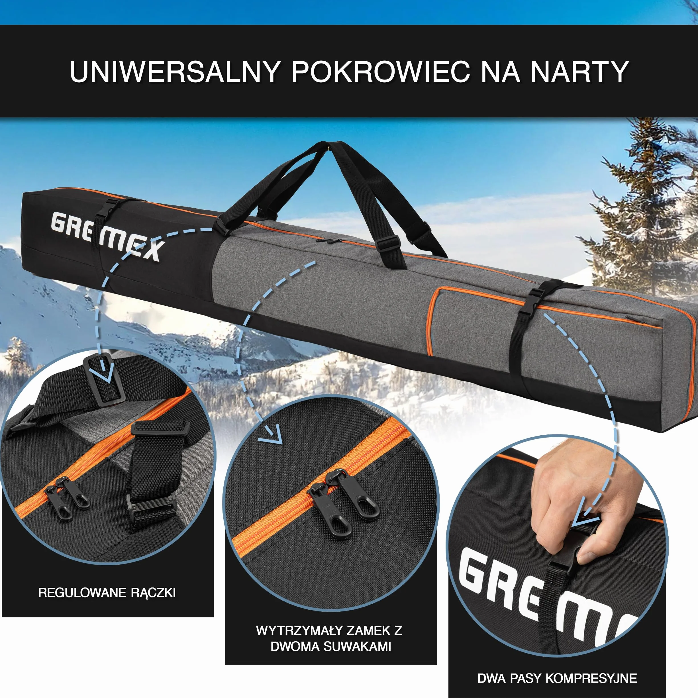 Torba na narty Gremex wodoodporna lekka pokrowiec na 1 parę nart alpejskich