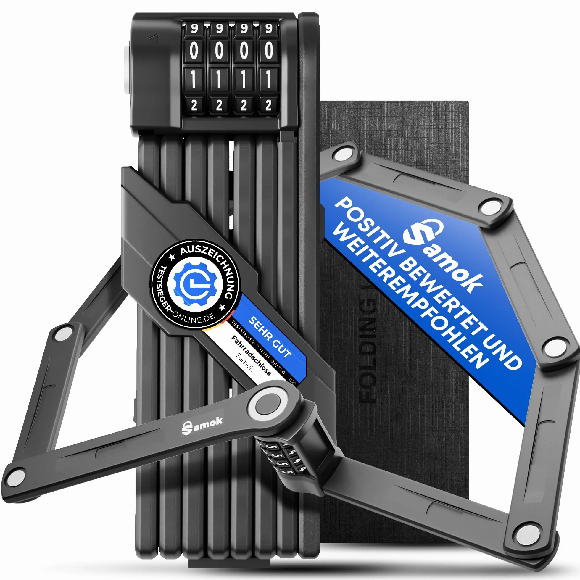 Samok® Zamek rowerowy z 4-cyfrowym kodem 120 cm wraz z uchwytem – składane zapięcie rowerowe, stal składana, z numerami i cyframi, wysoki poziom bezpieczeństwa 10, zabezpieczenie przed kradzieżą