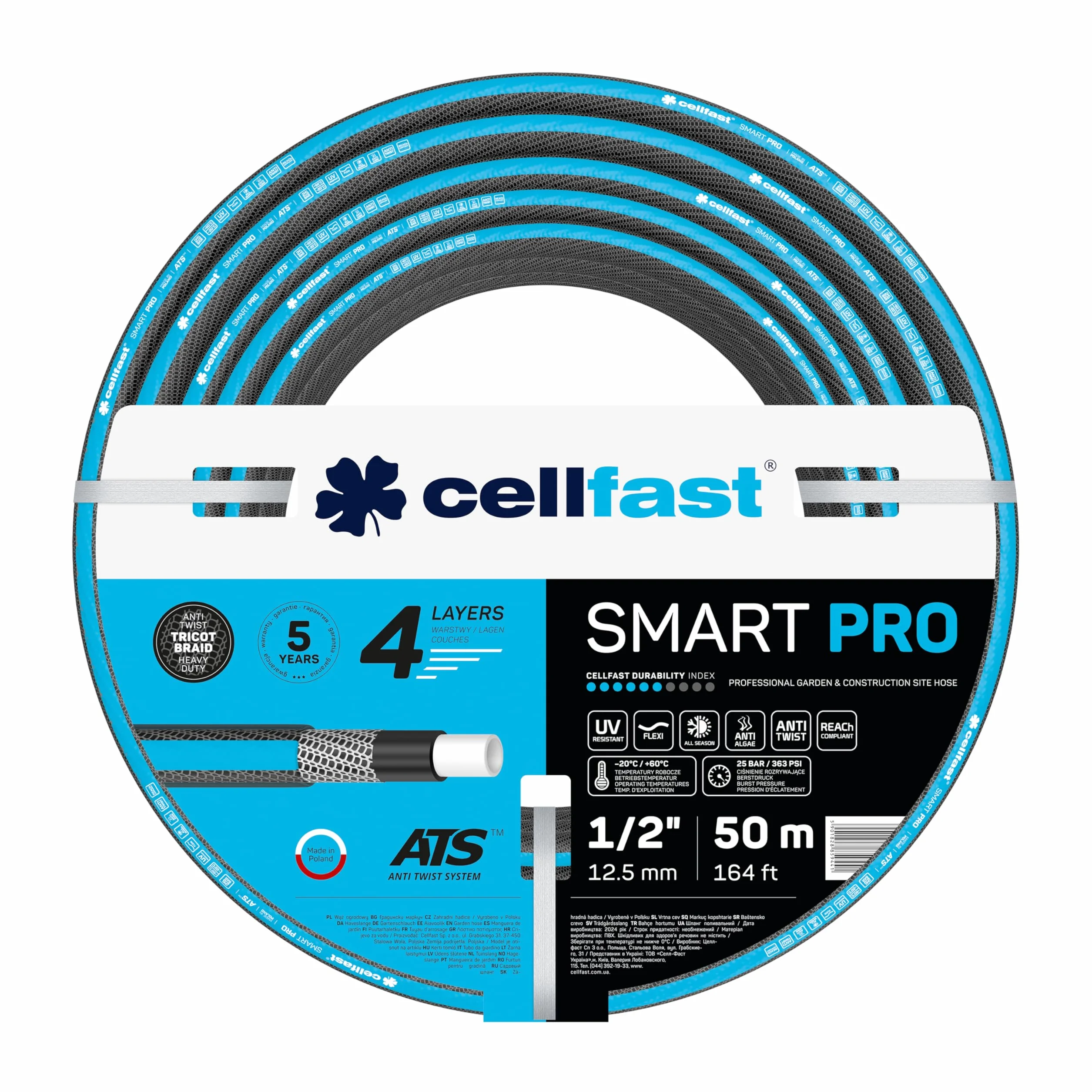 Cellfast Wąż Ogrodowy Smart Pro ATS - 4-Warstwowy - Wytrzymały - 1/2" 50 m - Nawadnianie Ogrodu