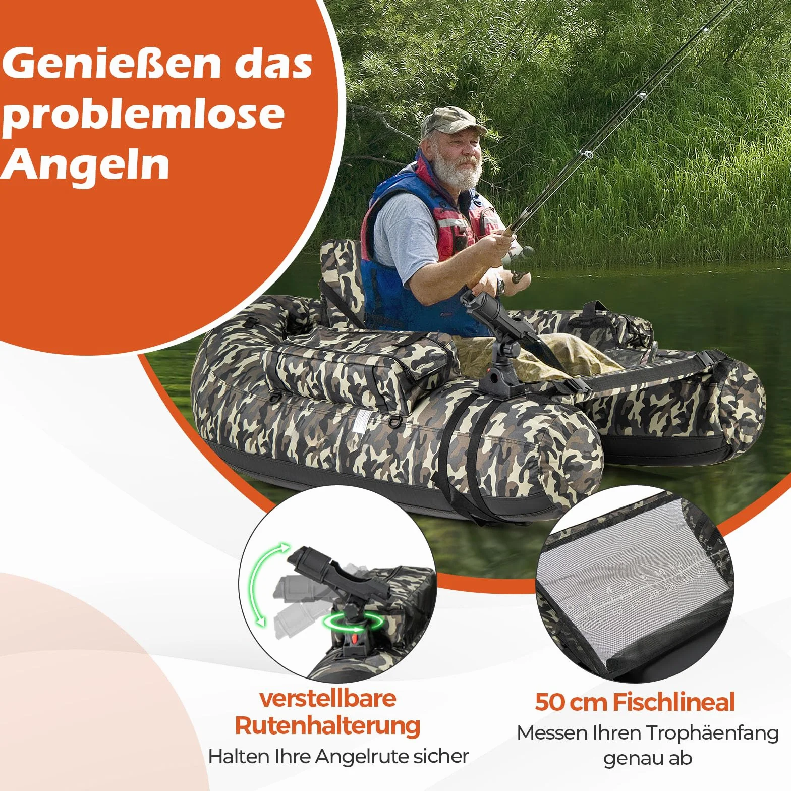 GOPLUS Bellyboat dmuchany ponton wędkarski 150 kg 146x109x44 cm moro