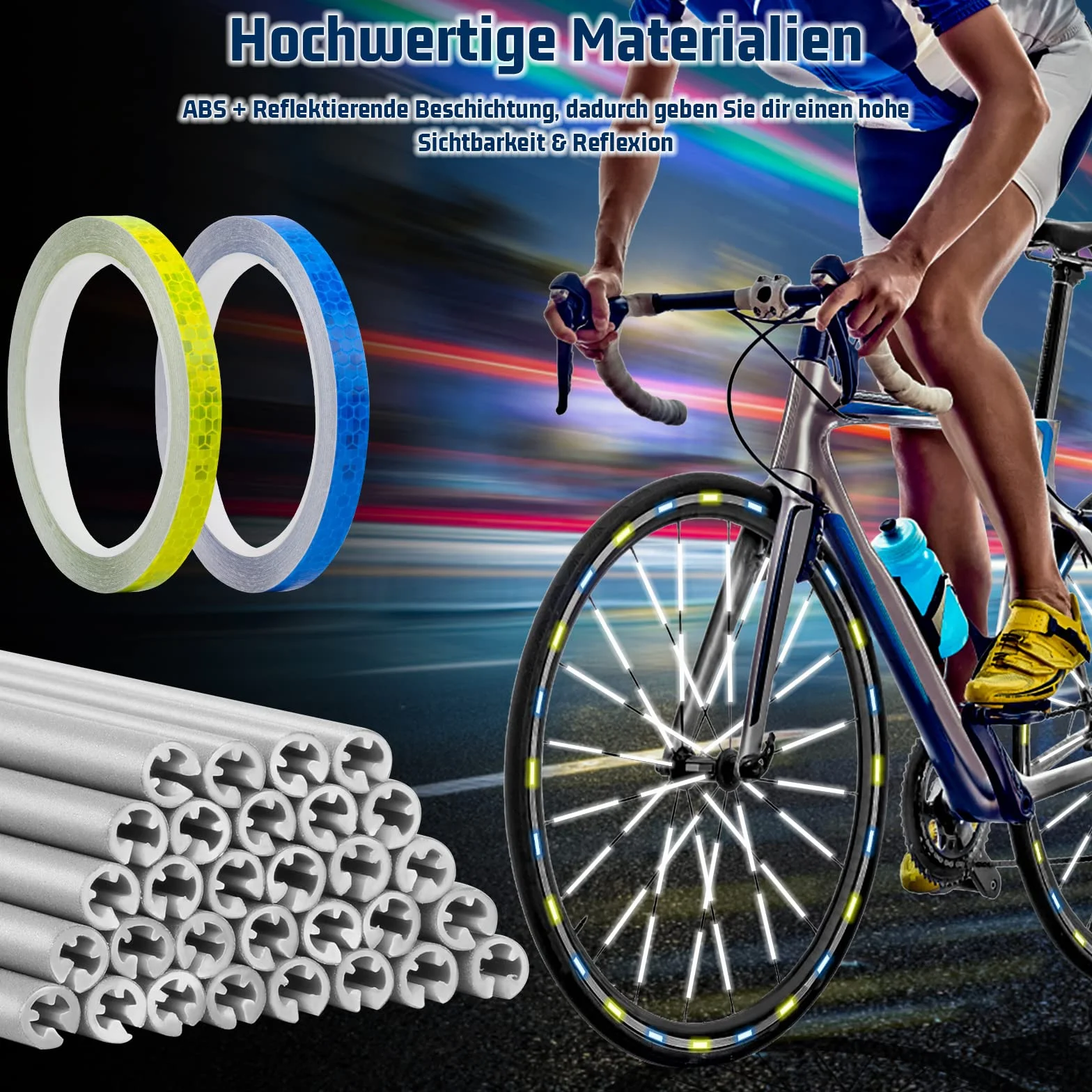 Odblaski na szprychy rowerowe 36 sztuk + 2 naklejki odblaskowe żółte niebieskie