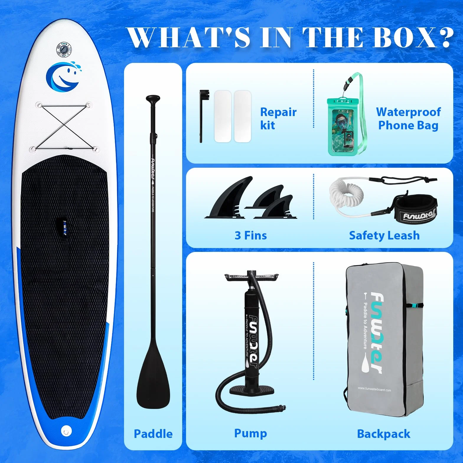 FunWater 10'6"-11'6" SUP Deska, nadmuchiwana deska do paddleboard dla wszystkich poziomów, idealna dla początkujących i rodzin, z antypoślizgowym pokładem EVA, wiosłem, pompką i pełnym wyposażeniem