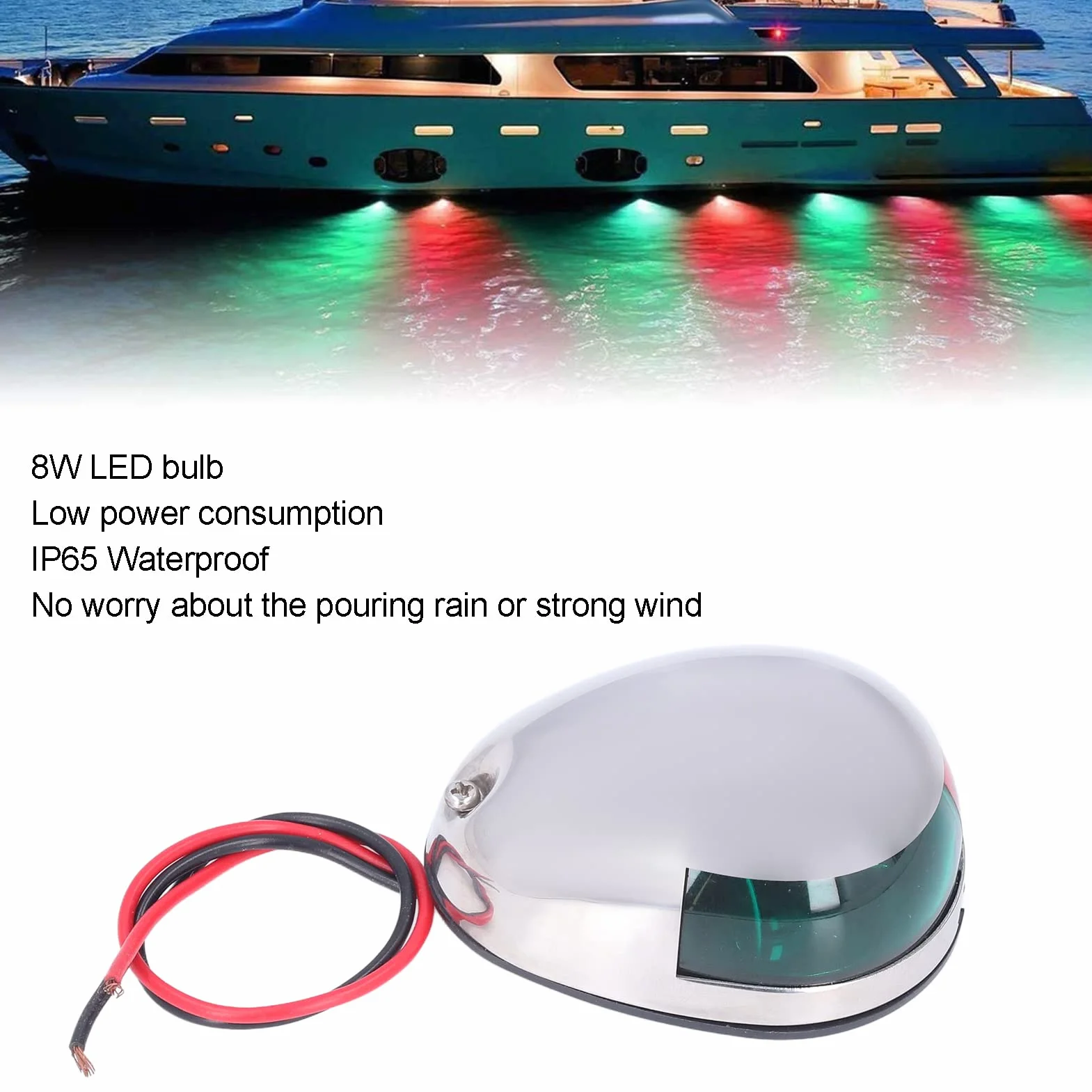 Fydun 8W 12V Morskie Światła Nawigacyjne LED Czerwone Zielone Stal Nierdzewna Wodoodporny