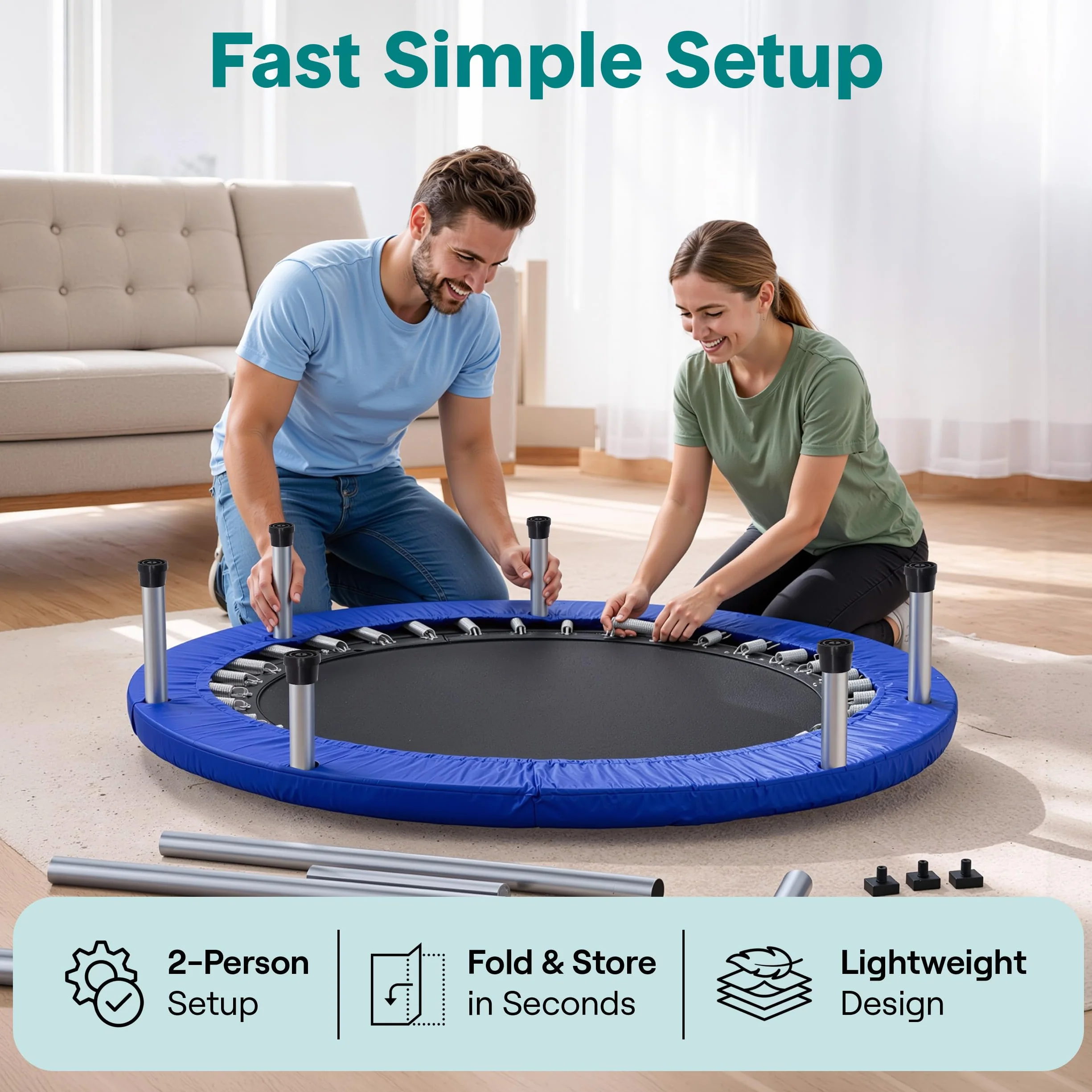 SereneLife Przenośna i składana trampolina – 100 cm mini rebounder w domu z regulowaną poręczą, do ćwiczeń fitness
