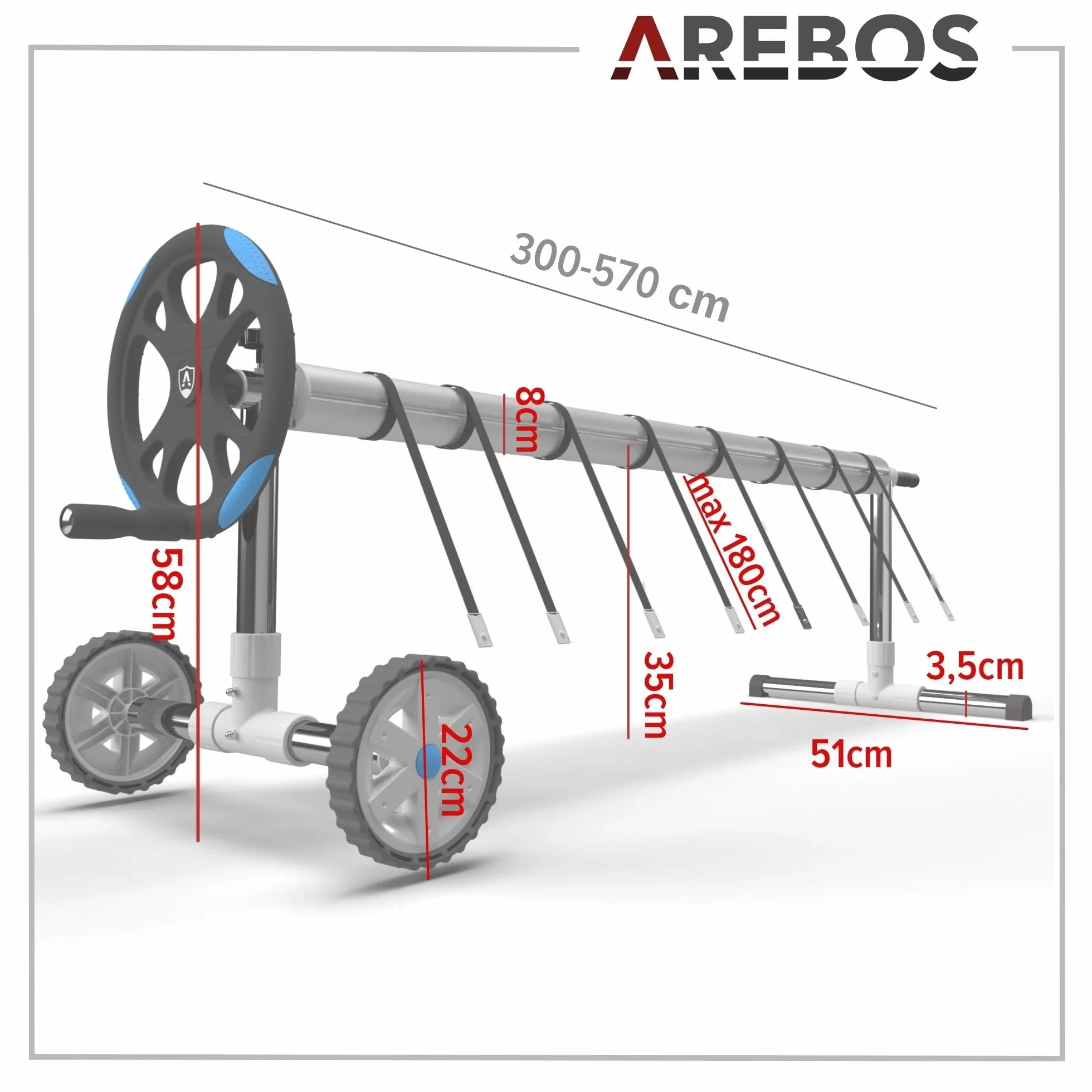 Arebos Zwijacz do basenu | Mobilny system zwijania do osłon przeciwsłonecznych i basenowych | Długość 3 m - 5,70 m | Materiał odporny na warunki atmosferyczne | Mocowanie i rolki w zestawie