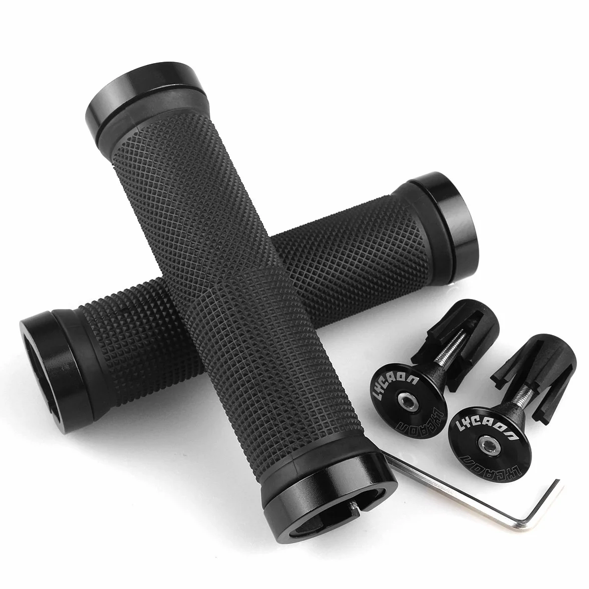 LYCAON antypoślizgowy gumowy uchwyt rowerowy z aluminiowym zamkiem do roweru MTB BMX (czarne)