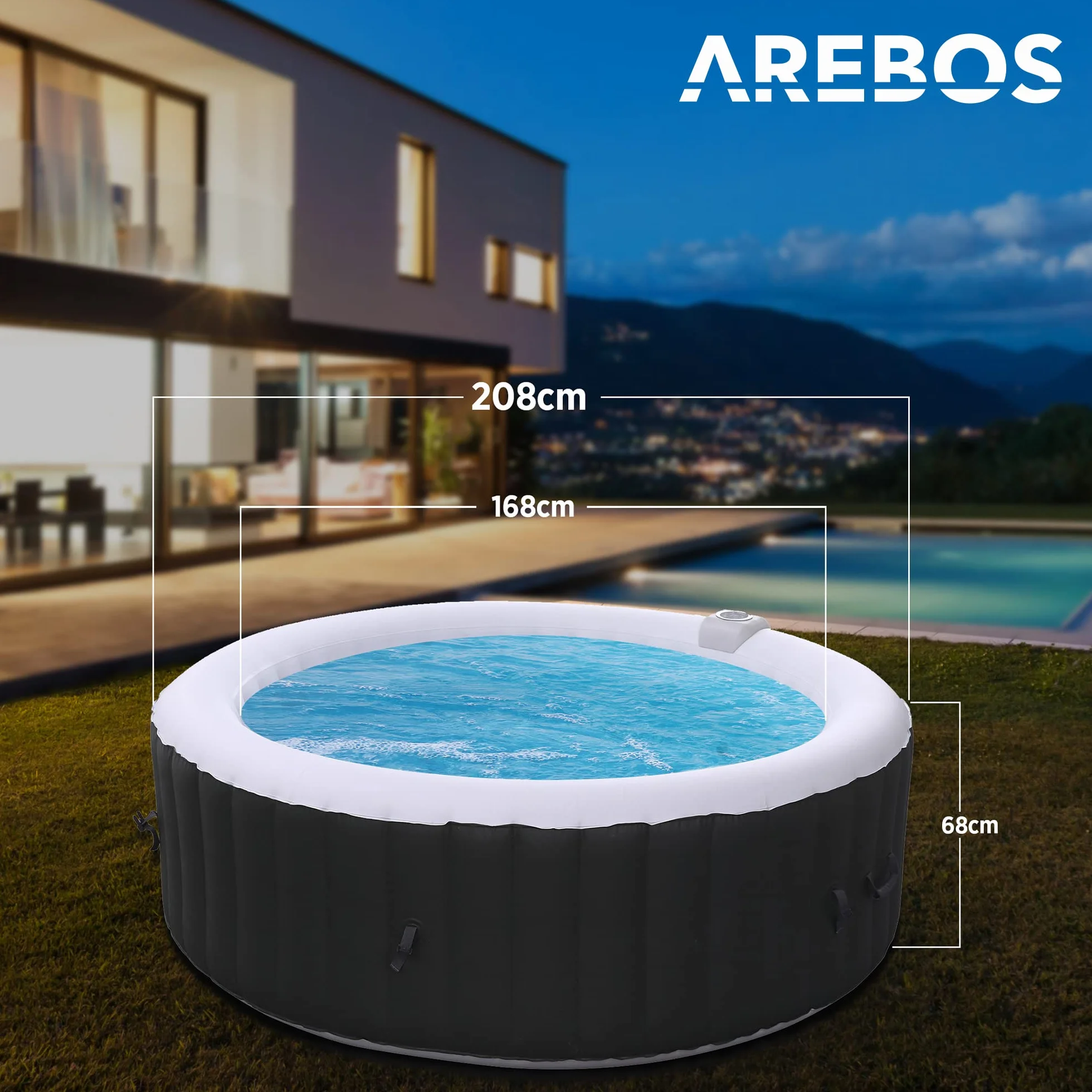 Arebos Nadmuchiwane Spa | do wnętrz i na zewnątrz | 6 osób | 208 cm | Okrągły | 130 dysz masujących | 1000 litrów | z ogrzewaniem | Spa i dobre samopoczucie