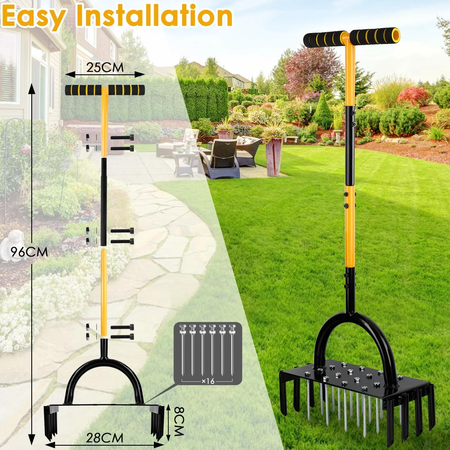 Aerator Narzędzie do trawnika, 96 cm Aerator Cesped Scarifier Ręczny napowietrzacz ziemny z uchwytem T z 17 kolcami z litej stali 9 cm do napowietrzania trawnika, patio, gleby