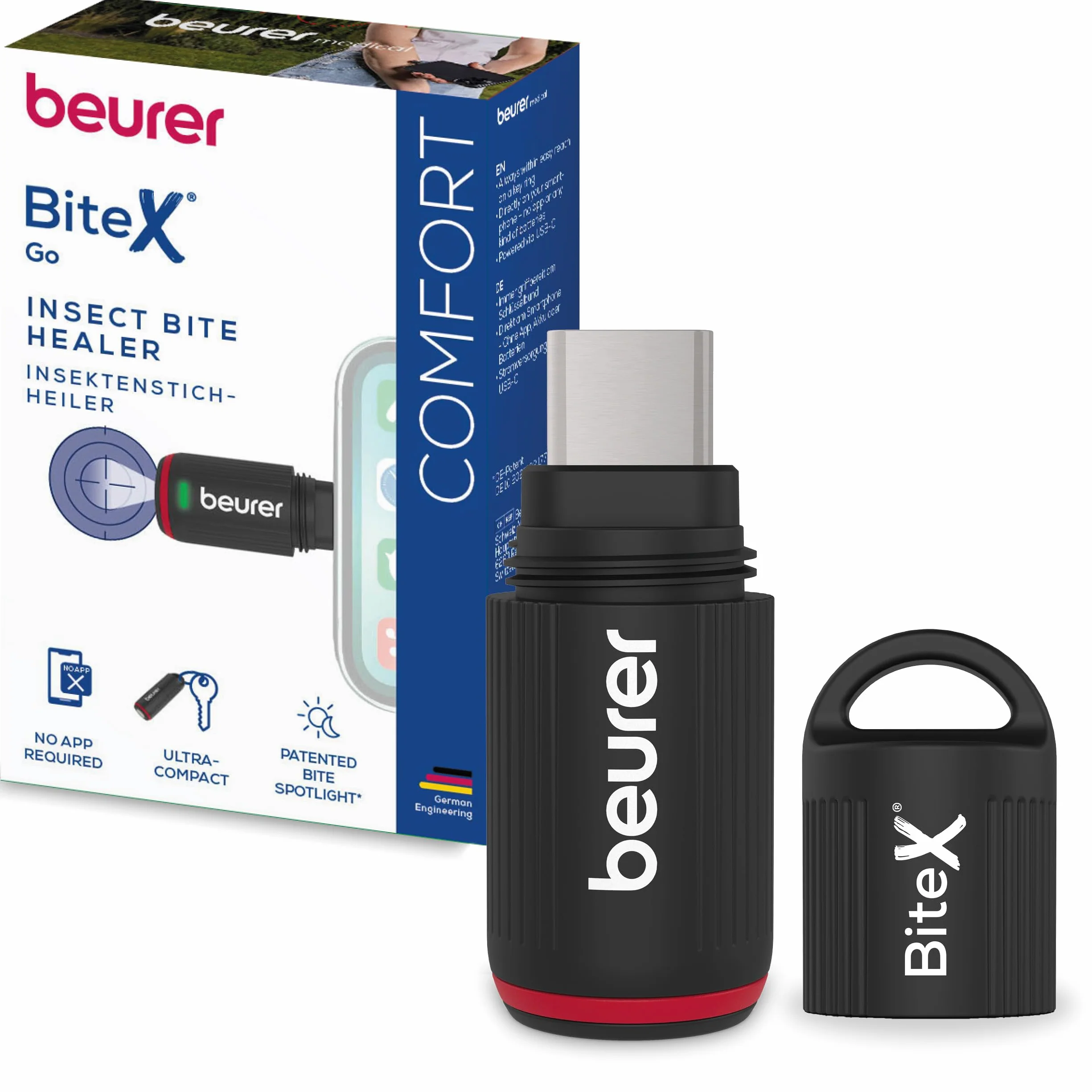 Beurer BiteX Go Deep Black środek na ukąszenia owadów do smartfona, do leczenia ukąszeń i użądleń owadów, łagodzi swędzenie, do telefonu dla Androida i iPhone (złącze USB-C), z światło