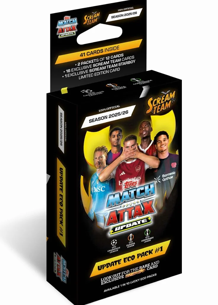 Topps UCC Match Attax 2025/26 - Update Eco Pack #1 - Scream Team - zawiera 41 kart, w tym 16 ekskluzywnych kart Scream Team i jedną kolekcjonerską kartę Starboy LE.