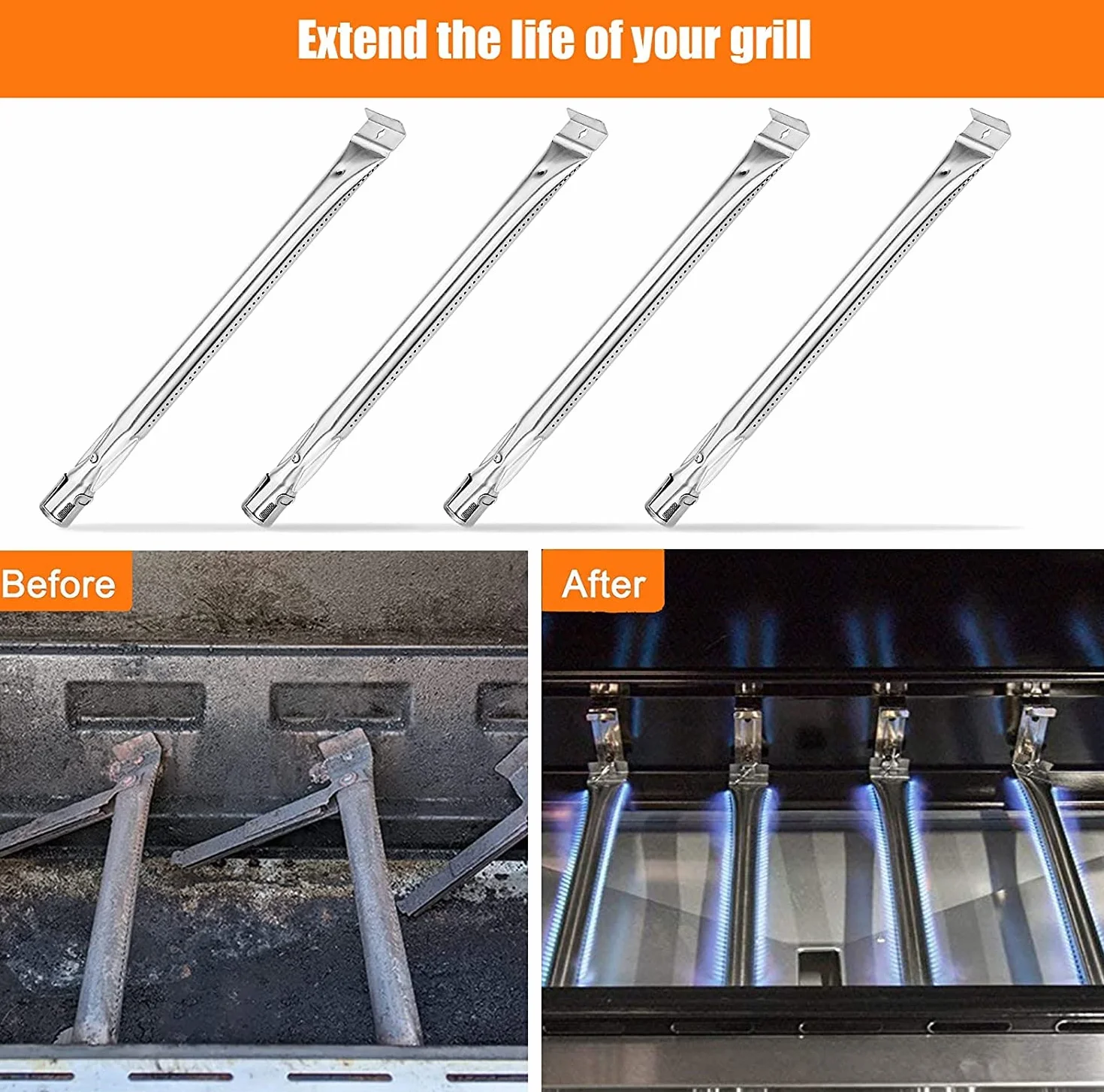 Bar. b.q.s 38,4 cm Palnik zamienny ze stali nierdzewnej do Barbecook Siesta, Grill Chef, Kenmore Sears, K Mart, Lowes, grill gazowy, 4 sztuki