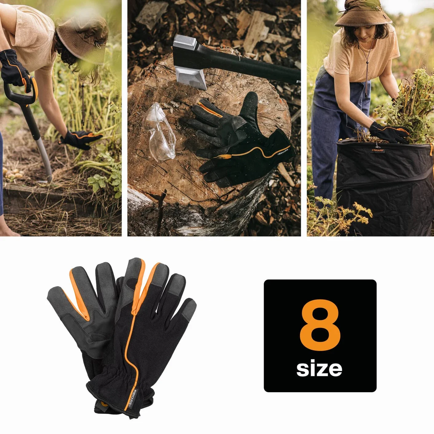 Fiskars Rękawice ogrodnicze, Rozmiar: 8, czarno-pomarańczowe, 1003478