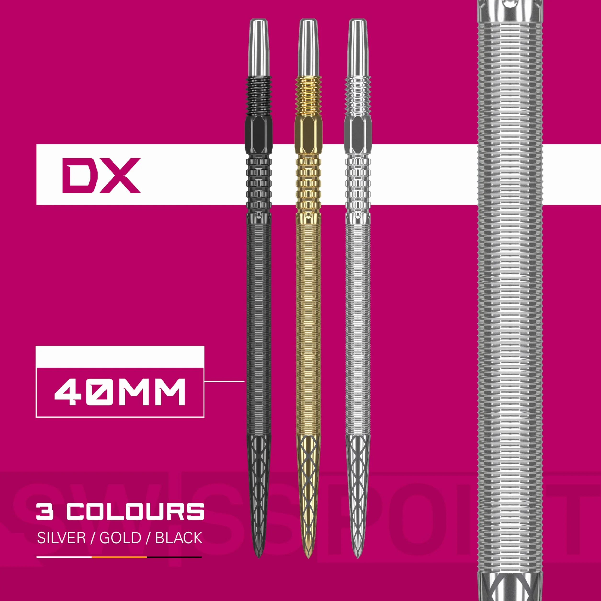 Target Darts Swiss Point DX Dart Points (3-pak zestaw końcówek) - 26 mm/30 mm/35 mm/40 mm - złoty/srebrny/czarny SP - Change Dart Swiss Point, profesjonalne akcesoria do rzutek, usuwanie końcówek