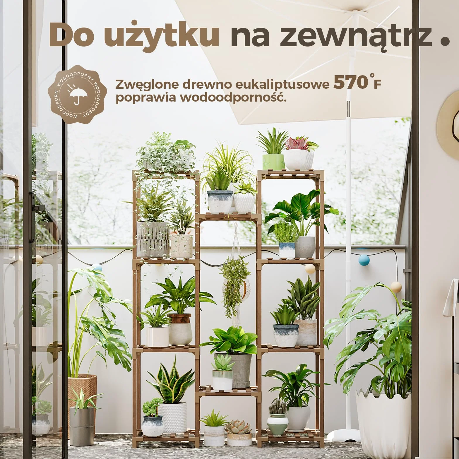 BAMWORLD Drewniana Wisząca Półka na Rośliny - Duży Stojak na Doniczki do Salonu/Tarasu/Balkonu, Brązowa Dekoracja Ogrodowa i Wnętrzowa
