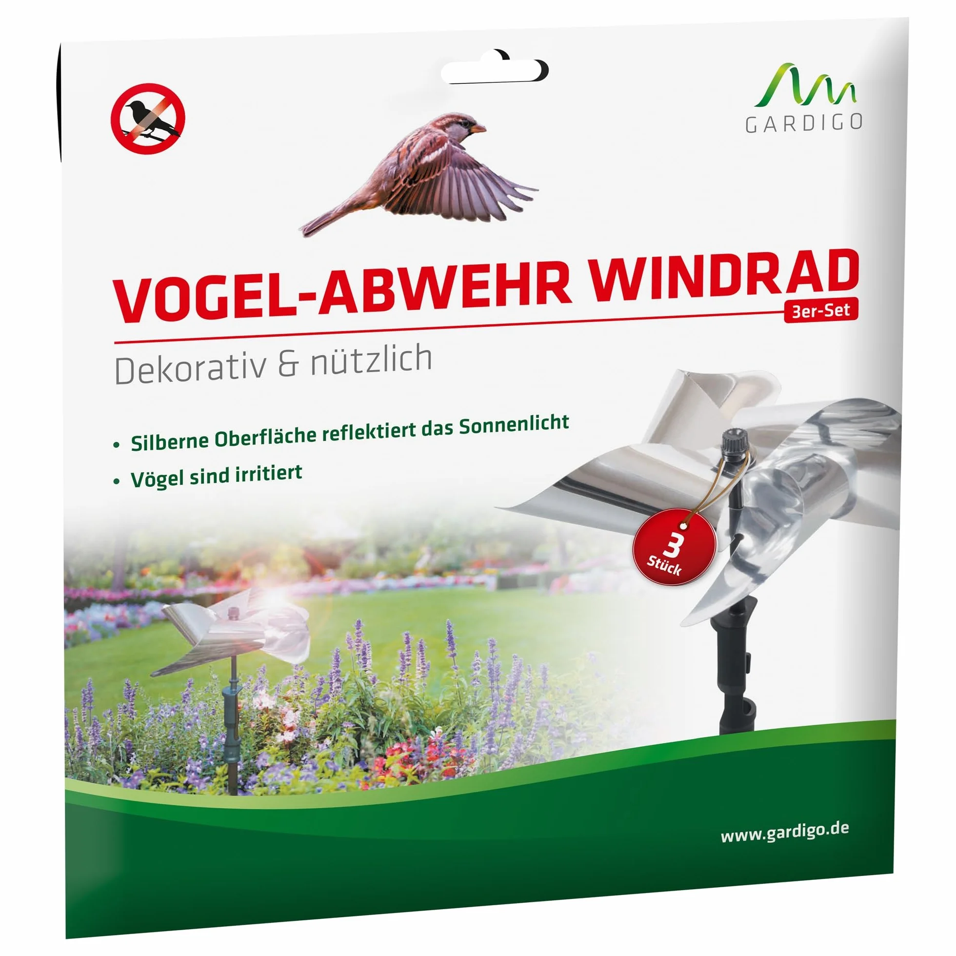 GARDIGO® Odstraszacz ptaków – zestaw 3 sztuk, ochrona przed gołębiami na balkon i do ogrodu, odblaskowy odstraszacz ptaków dzięki rotacji, odstraszacz gołębi, wróbli, sroki