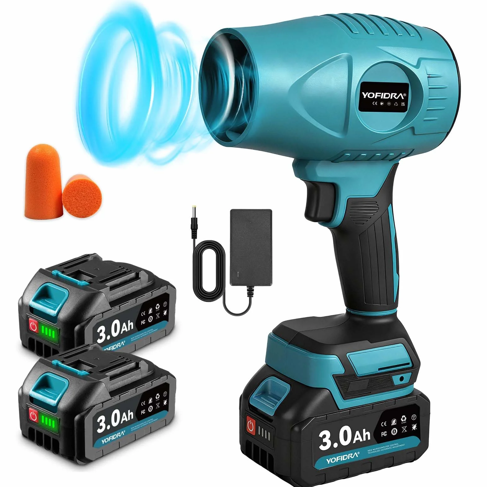 Yofidra Turbo Gebläse, 160m/s akumulatorowa dmuchawa do liści z 2x3000mAh akumulatorami i szybkim ładowaczem, 280 000 obr/min, zmienna regulacja prędkości obrotowej, zatyczki do uszu, akumulatorowa