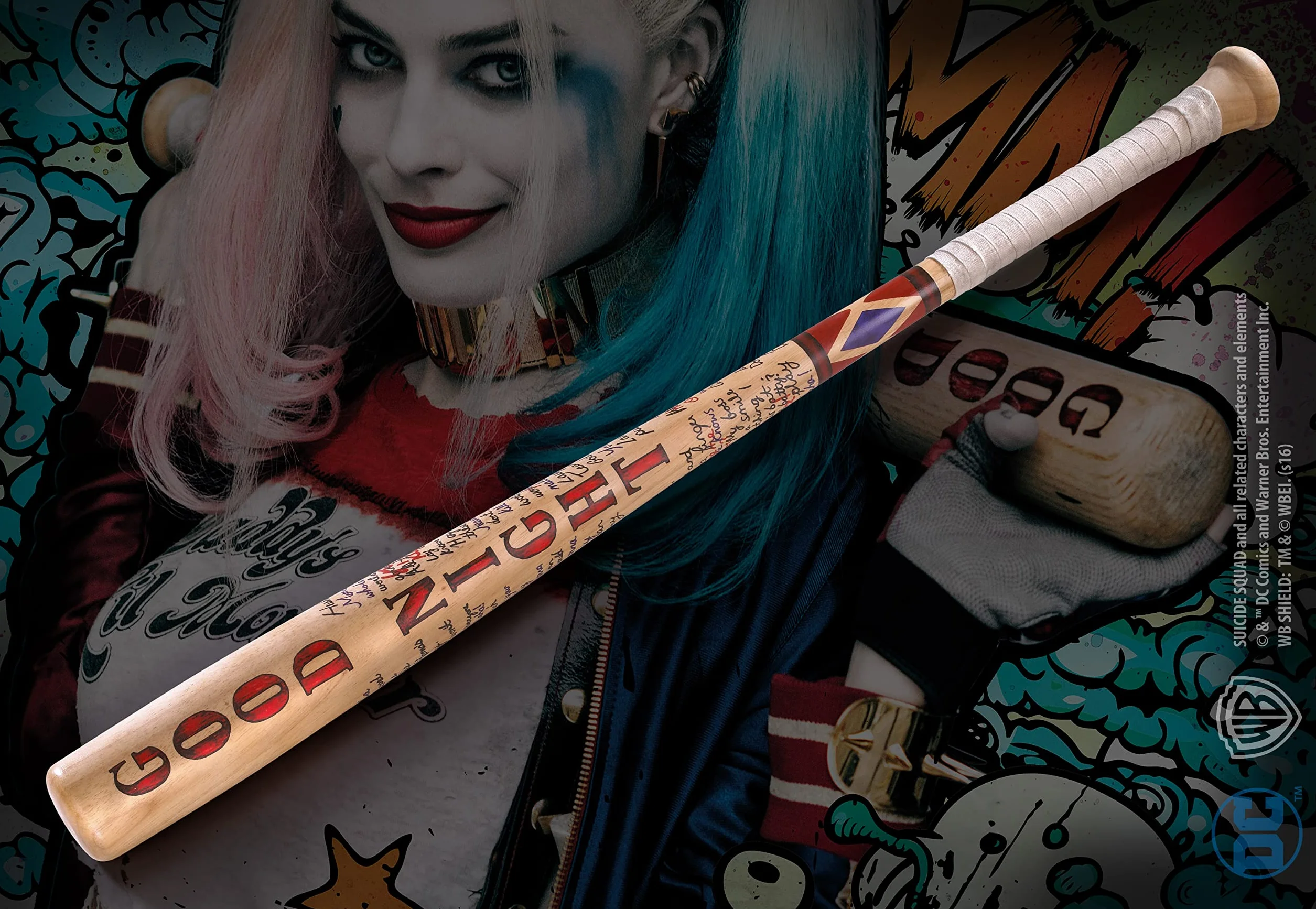 The Noble Collection Harley Quinn Baseball Bat Officially Licensed - Suicide Squad Prop Replica - Full Size 31.5in (80cm) Solid Wooden Baseball Bat
