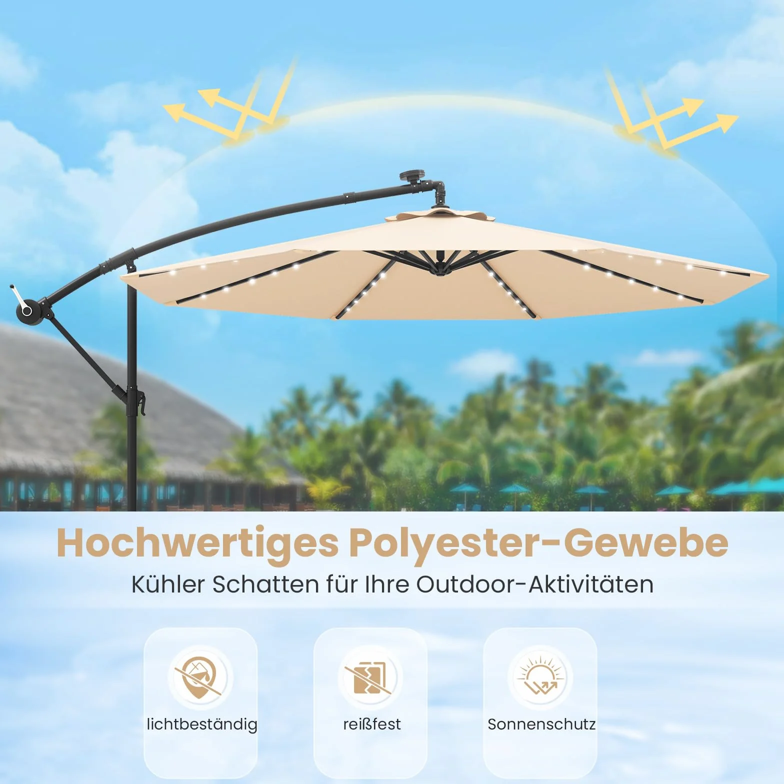 COSTWAY Parasol przeciwsłoneczny z workiem na piasek, 300 cm, z 40 solarnymi diodami LED i korbą, parasol ogrodowy, ochrona przed promieniowaniem UV, parasol na taras, do ogrodu, na basen, taras