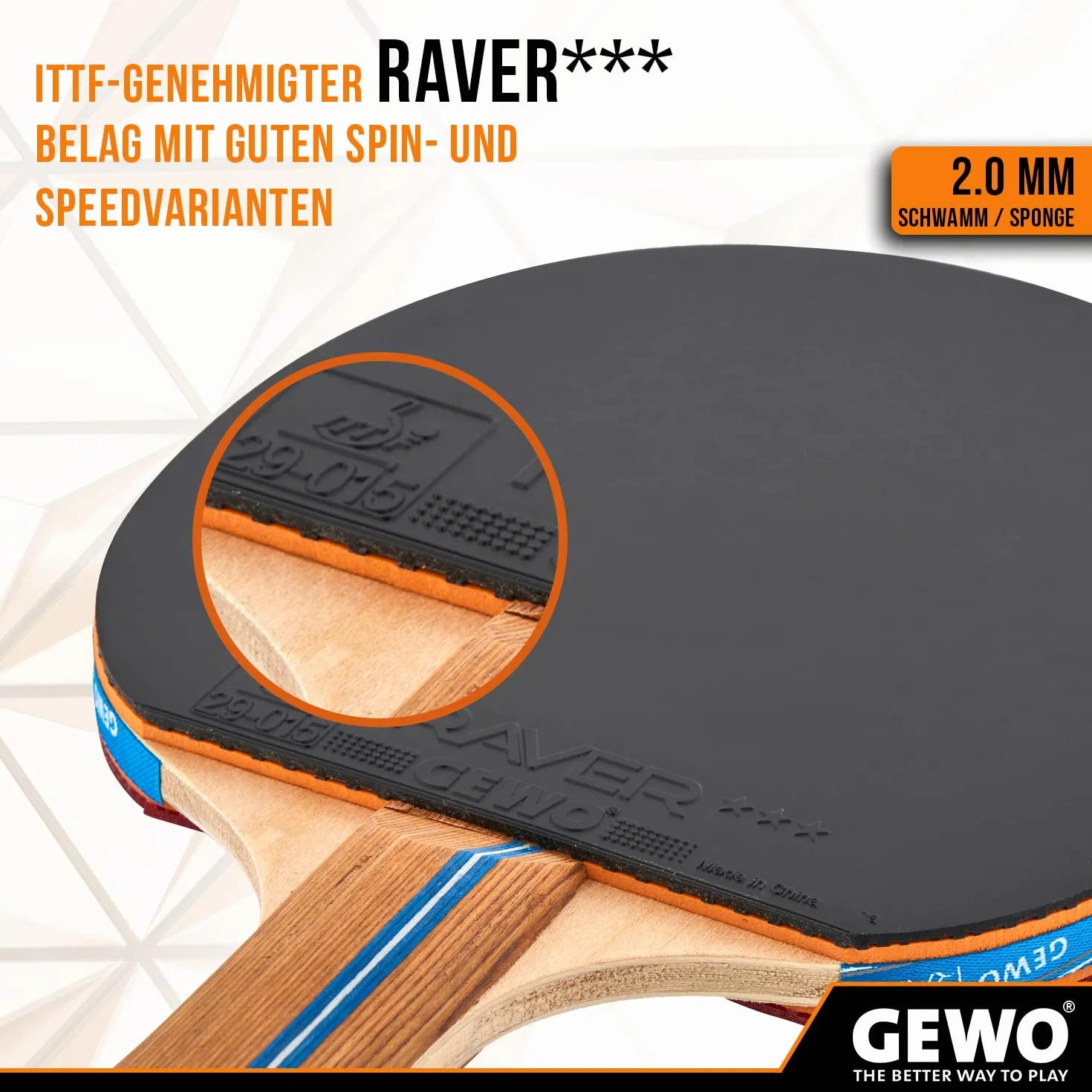 GEWO Rave Speed rakieta do tenisa stołowego – kontrolowana rakieta do tenisa stołowego dla początkujących – kompletna rakietka z powłoką Raver, wysoka kontrola i prędkość, wklęsła, gąbka o grubości 2