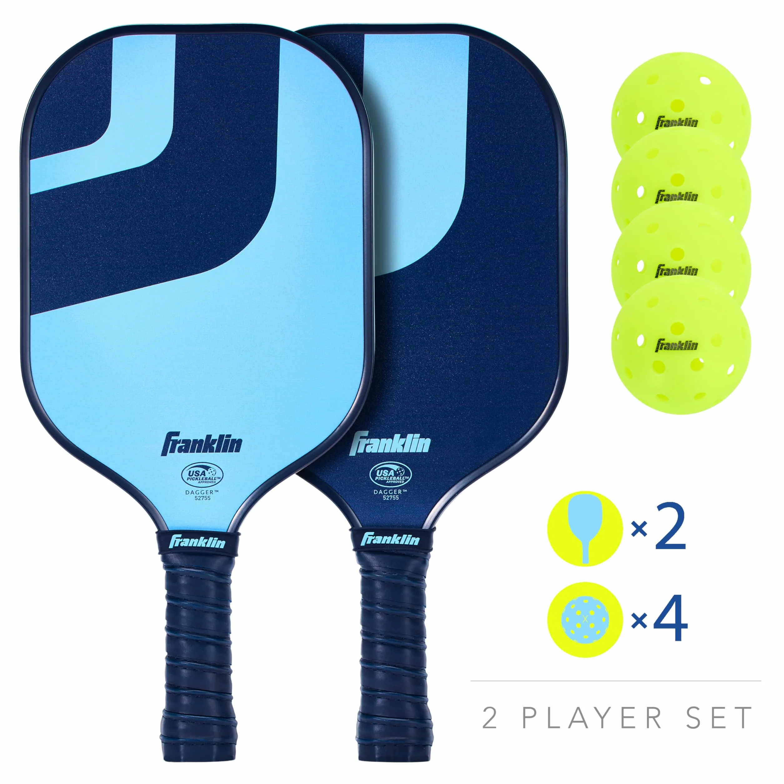 Franklin Sports Zestaw wioseł i piłek Pickleball - (2) rakiety do pikla z włókna szklanego + (4) X-40 Pickleballs - Zatwierdzone przez USA Pickleball (USAPA) - wiosła do pikla dla 2 graczy + zestaw
