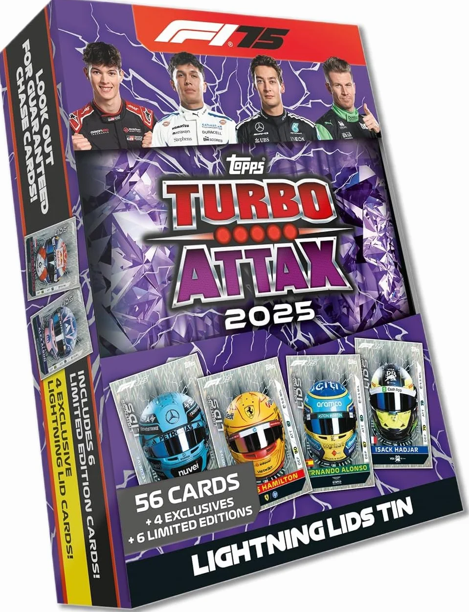 Topps Turbo Attax Formula 1 2025 Mega Tin 66 kart LE Lightning Lids