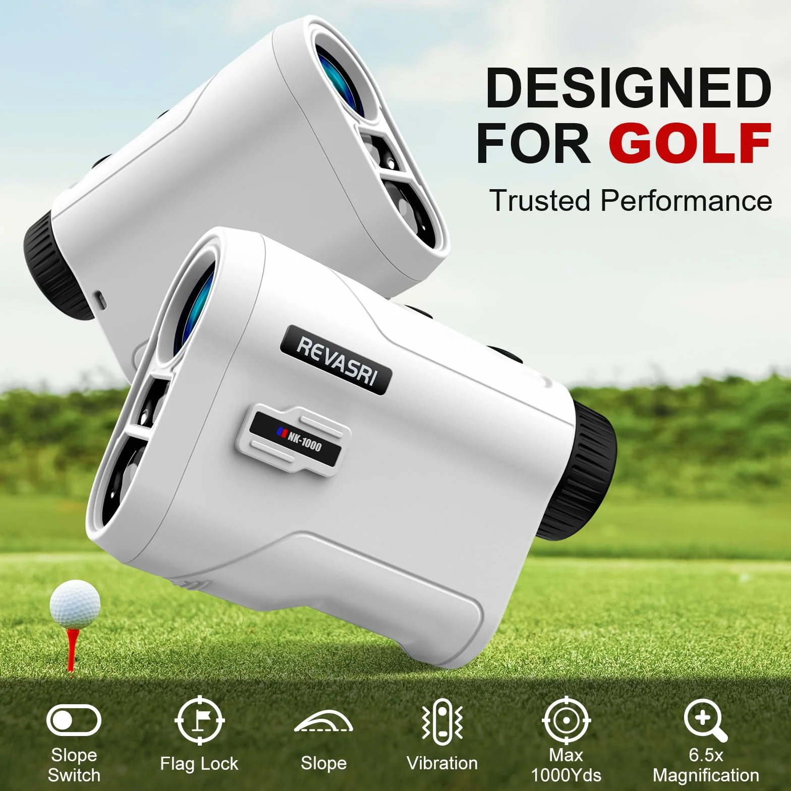 REVASRI Dalmierz golfowy z nachyleniem i blokadą masztu flagowego, zewnętrzny przełącznik nachylenia do turnieju golfowego, dalmierze z akumulatorem 1000 YDS dalmierz laserowy