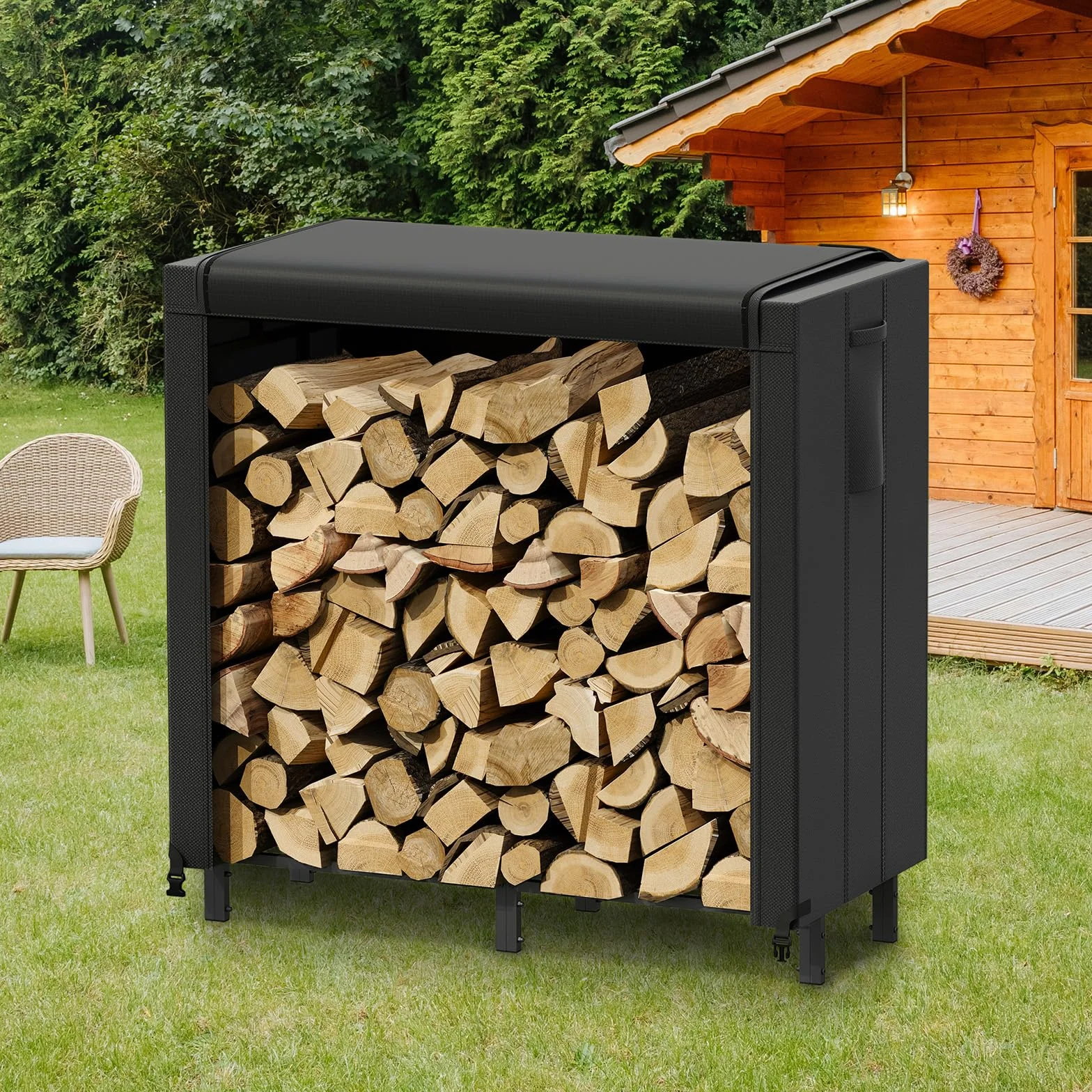 Lifewhite Drewniane Pudełko do Przechowywania Wewnątrz, 122 × 58,5 × 122 cm Drewna Opałowego na Zewnątrz z Wodoodporną Pokrywą Boczna Kieszeń do Wnętrz i na Zewnątrz, Czarna