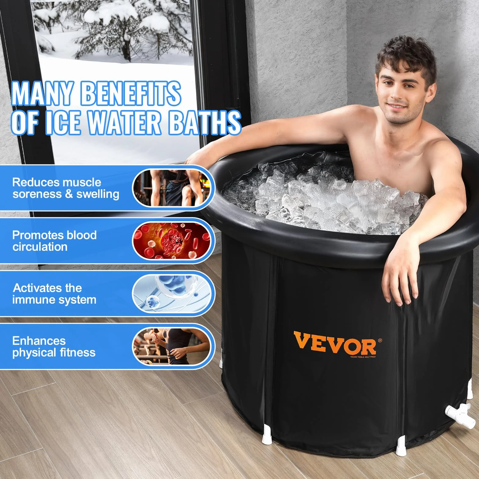 VEVOR Wanna lodowa o długości 90 cm 370 l terapeutyczna wanna do nurkowania z pokrywą, regenerująca beczka na lód, składana nadmuchiwana wanna, lód domowy dla dorosłych