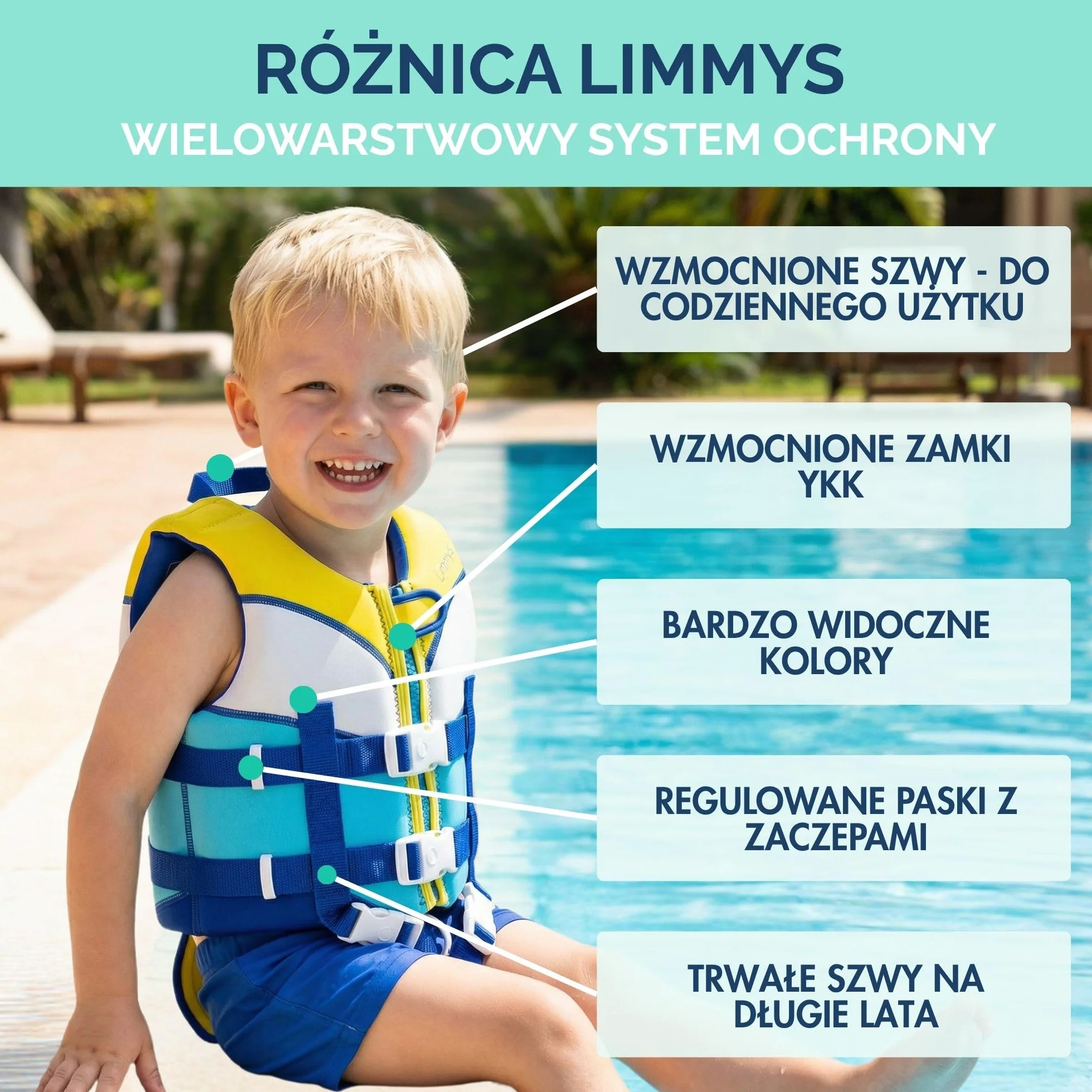 Limmys Kamizelka do Nauki Pływania dla Dzieci – Pomoc Wypornościowa z Zintegrowanymi Panelami Piankowymi, Certyfikat CE, Nagrodzony Produkt, Podwójne Zapięcie z Zamkiem YKK, Neopren Premium