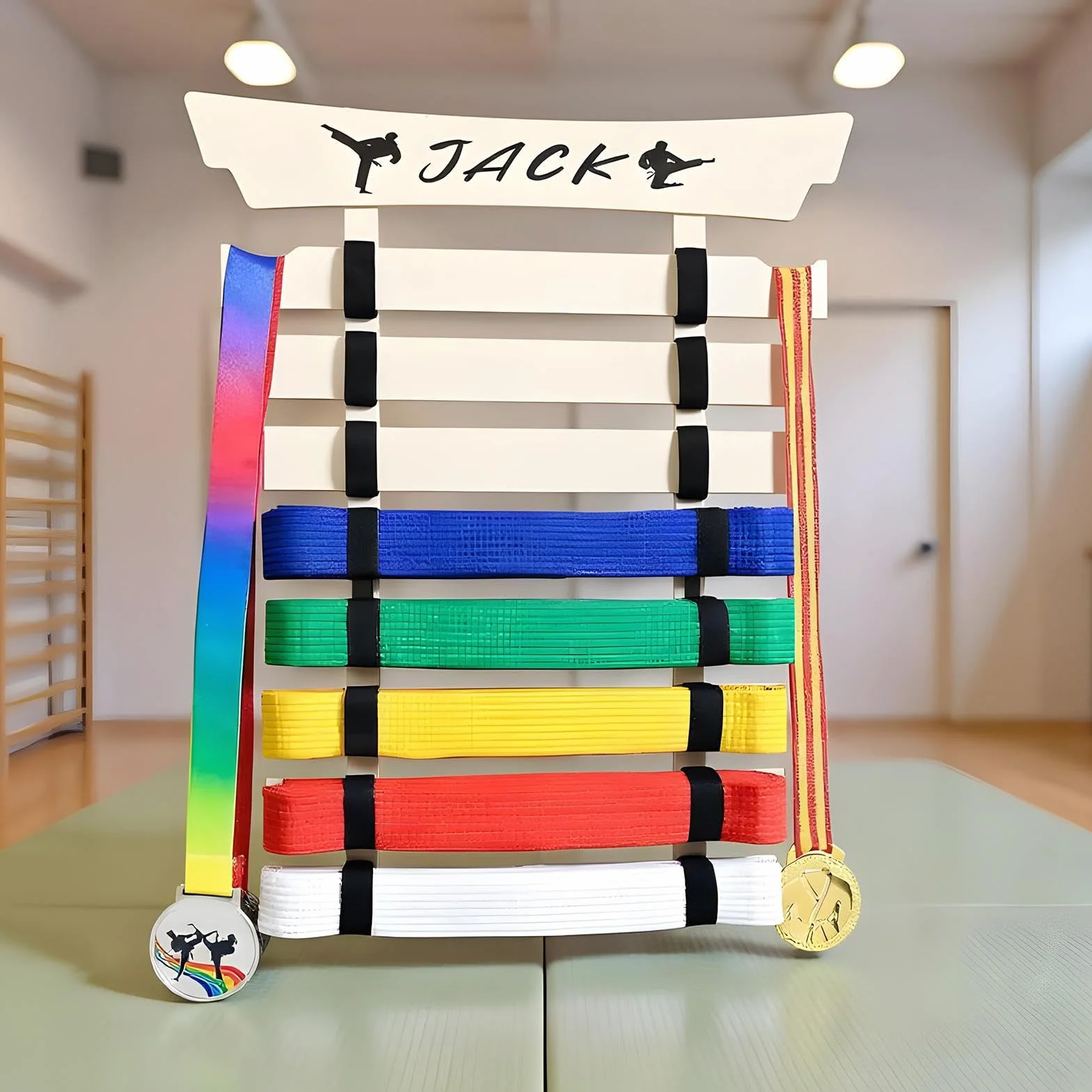 Stojak Na Pasy Karate - Stojak do Eksponowania Pasów Sztuk Walki z Wieszakiem i Naklejkami - Bez Montażu Na Sprzęt Sportowy Dla Dzieci I Dorosłych