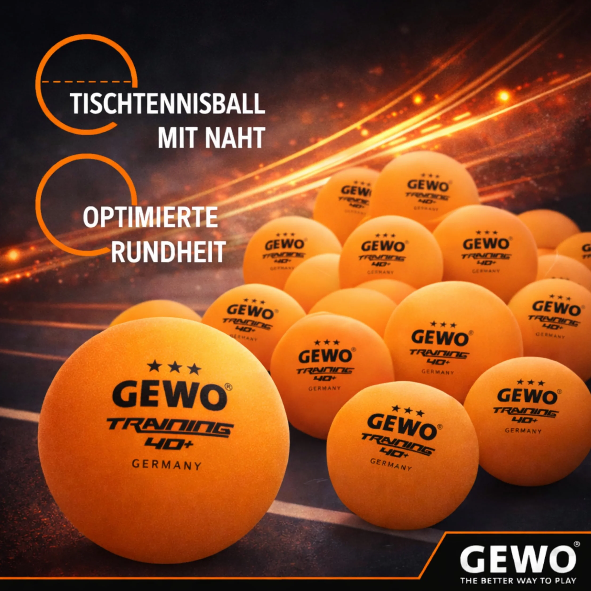 GEWO Piłki do tenisa stołowego do treningu 40+ – 3 gwiazdki z tworzywa sztucznego ABS ze szwem – wysokiej jakości piłki do ping ponga, średnica 40 mm, opakowanie zapasowe, 24 sztuki, pomarańczowe