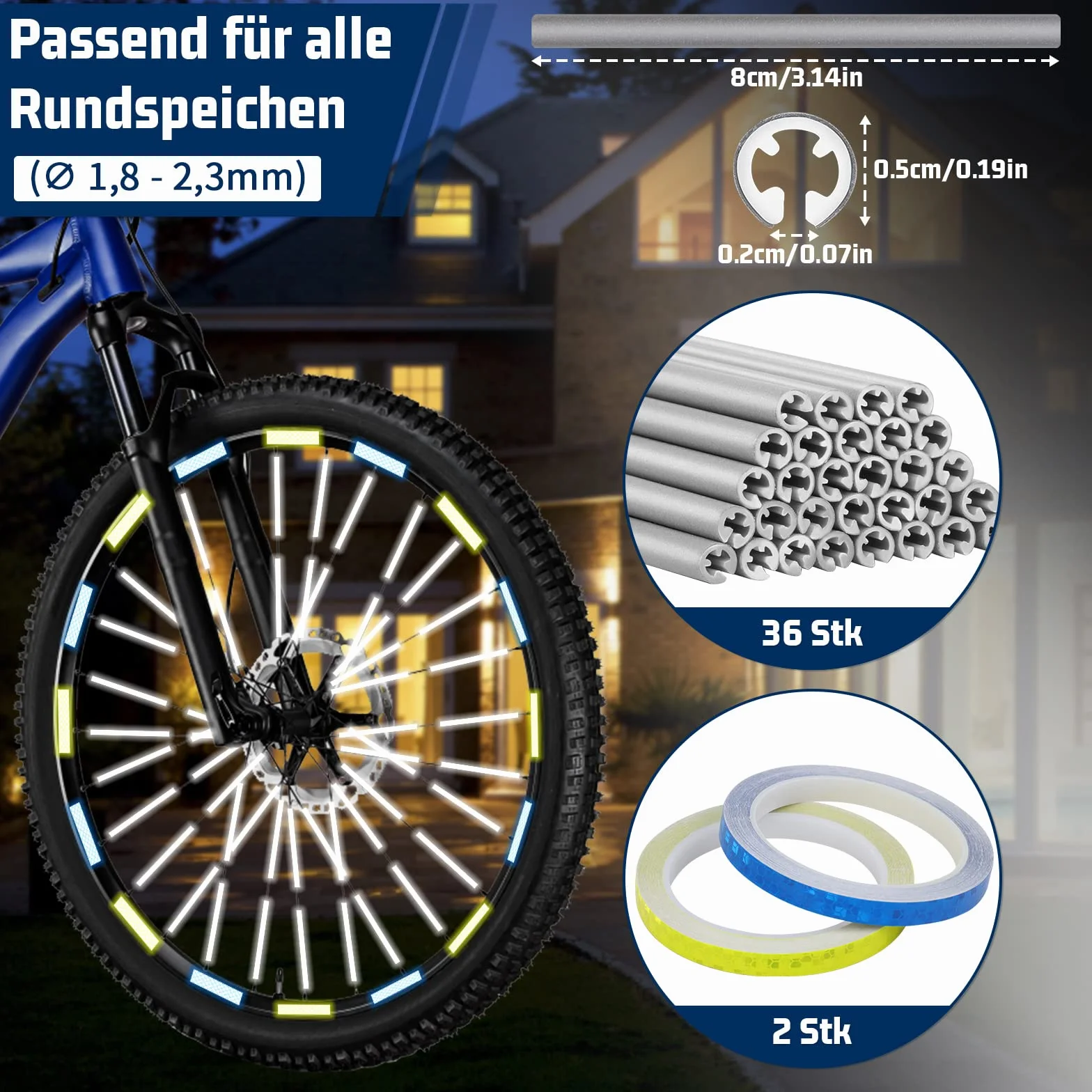 Odblaski na szprychy rowerowe 36 sztuk + 2 naklejki odblaskowe żółte niebieskie