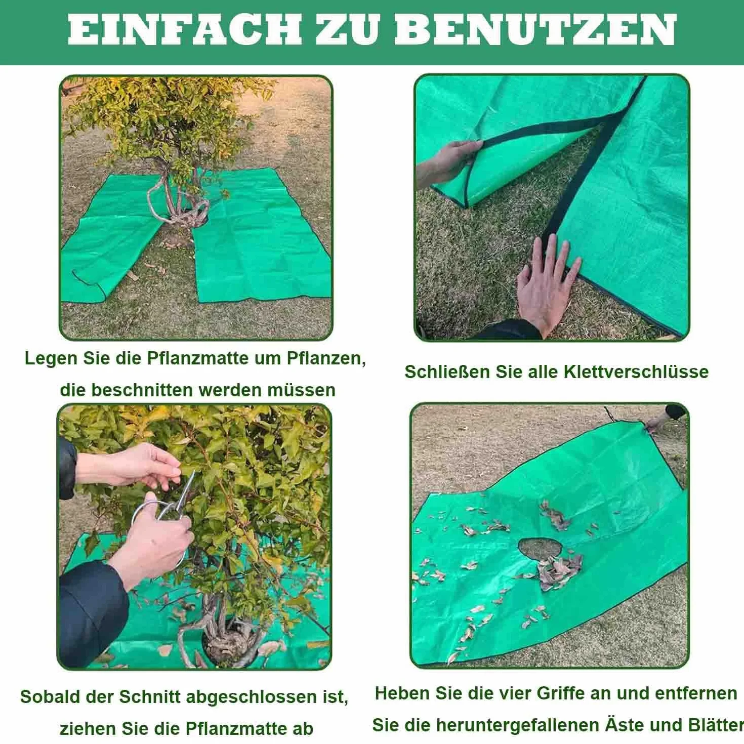Mata do przycinania roślin z otworem 30 cm, przycinanie drzew, wodoszczelna plandeka ogrodowa z 4 narożnikami i klamrami narożnymi, możliwość wstawania, mocowania wokół drzew i krzewów