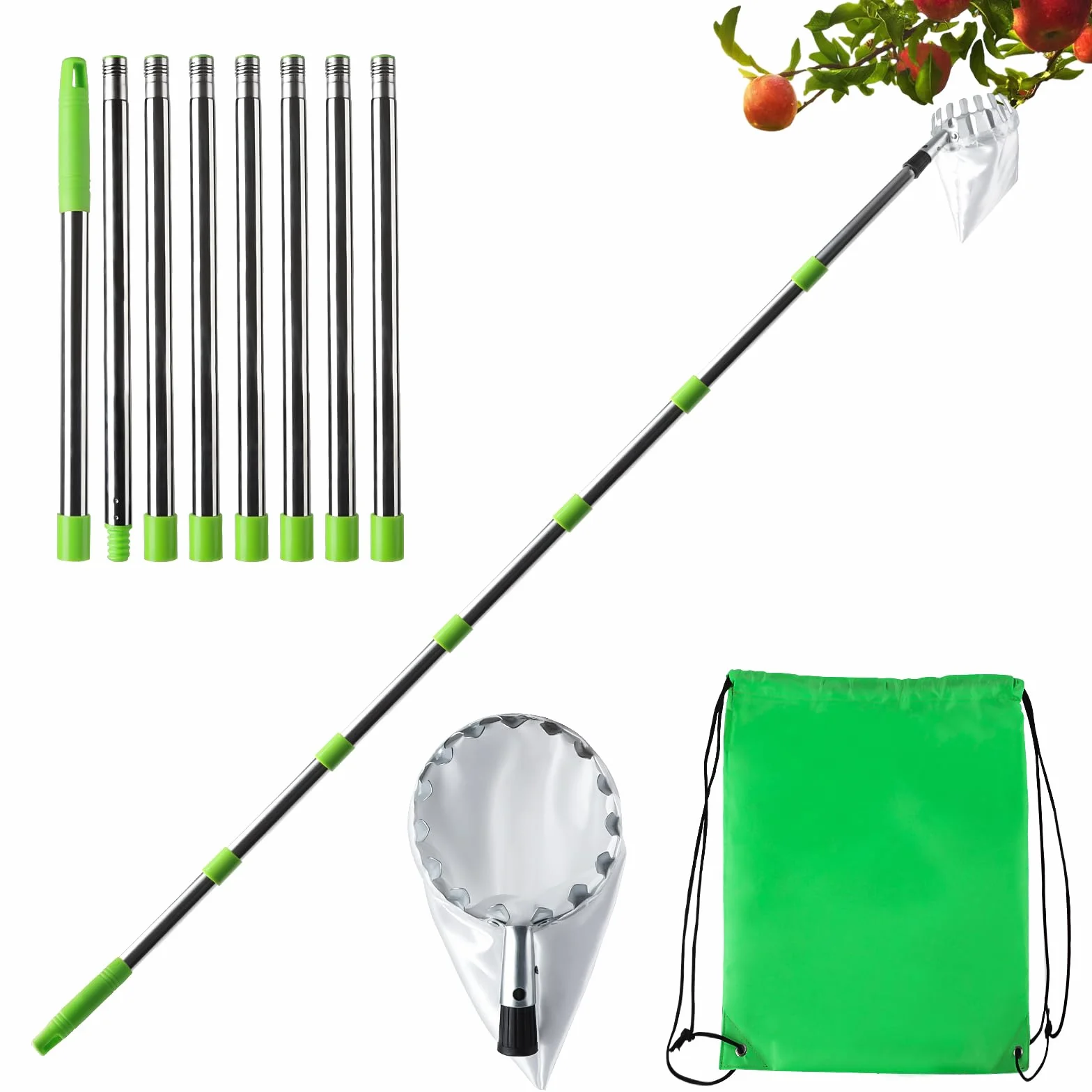 Zbieracz do owoców 3,2 m – zbieracz do jabłek z długim uchwytem i woreczkami z tkaniny, 8 szt. aluminiowego drążka, 40 cm na drążek, łatwy montaż, łatwy do zbierania, zbieracz owoców 3,2 m do