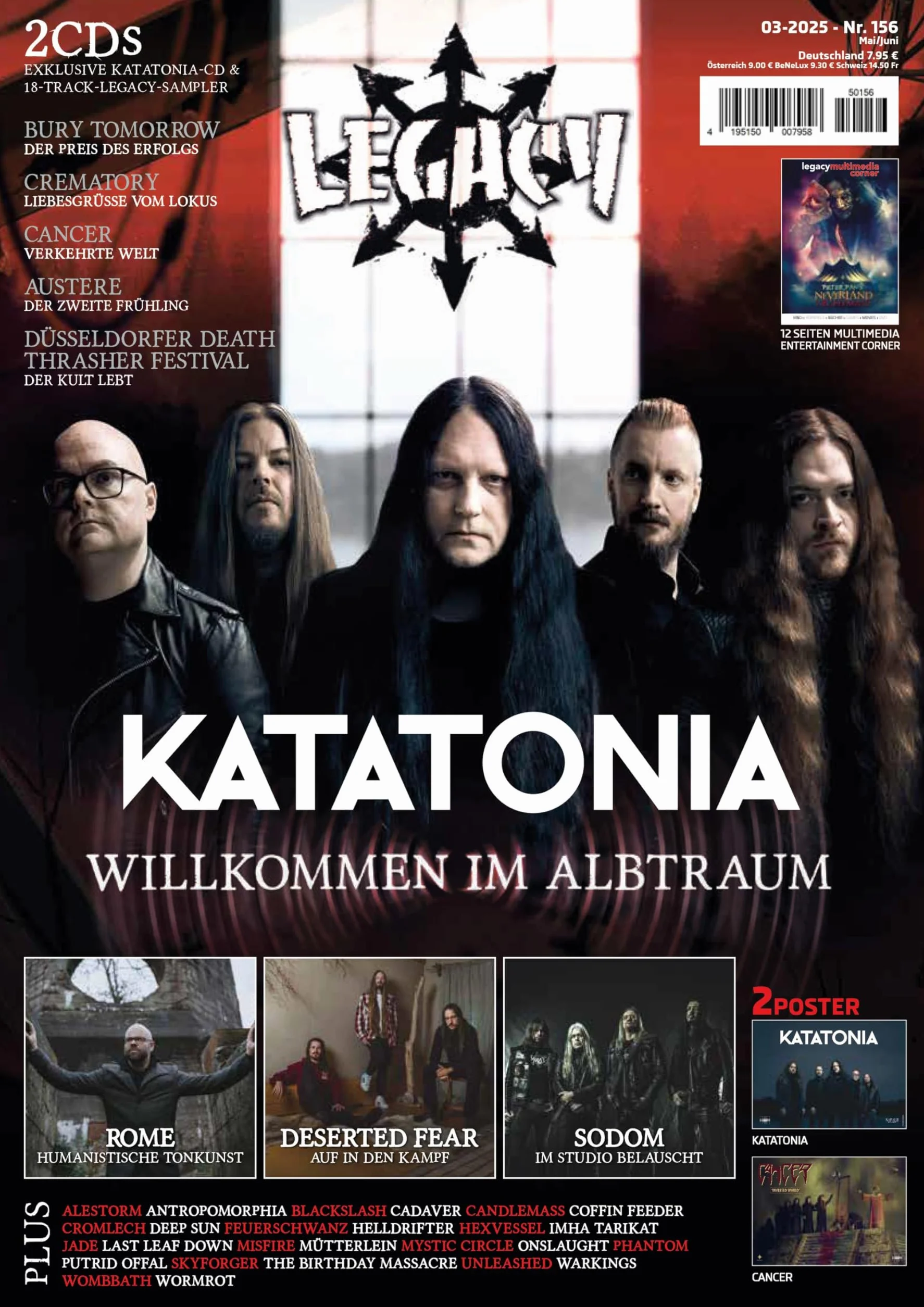 LEGACY MAGAZIN: THE VOICE FROM THE DARKSIDE: Ausgabe #156 (3/2025) mit KATATONIA samt exklusiver CD-Beilage sowie CREMATORY, CANCER, AUSTERE, ROME, BURY TOMORROW und SODOM