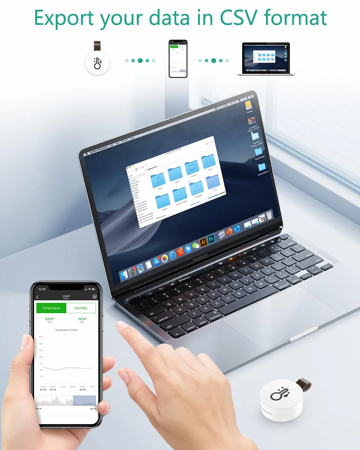 ORIA Termometr Bluetooth, higrometr, mini wewnętrzny czujnik temperatury z aplikacją, eksport danych, kompatybilny z systemem iOS / Android, do salonu, pokoju dziecięcego, domu