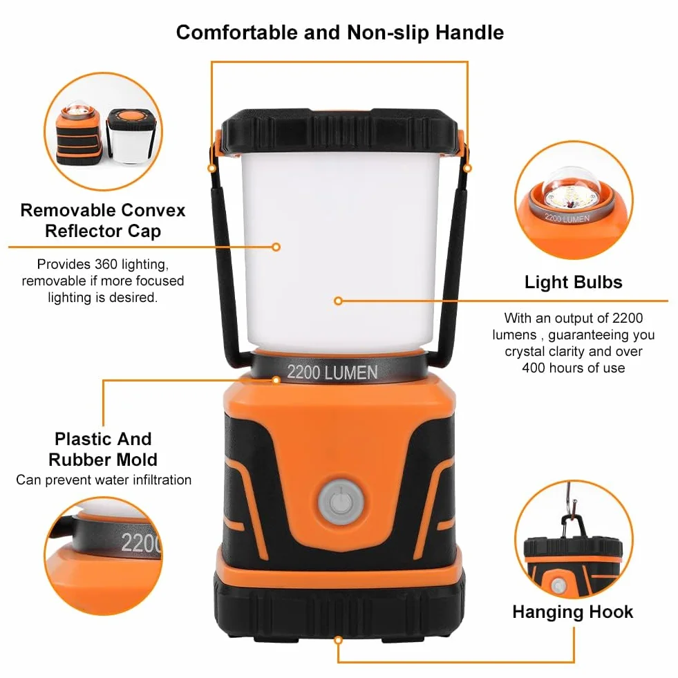 Flintronic Lampa kempingowa LED, 2200 lm, akumulator 6000 mAh, lampa kempingowa LED, IP54, 4 tryby świecenia, możliwość ściemniania, lampa awaryjna zasilana bateriami, na kemping, w sytuacjach