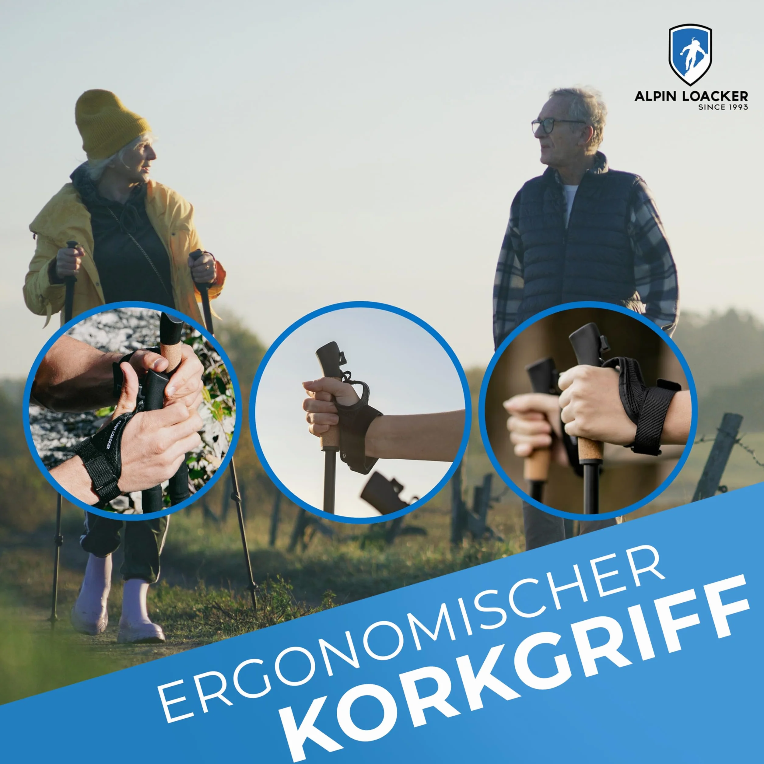 Alpin Loacker Teleskopowe kijki trekkingowe z włókna węglowego i aluminium z uchwytem korkowym, lekkie kijki do nordic walkingu, dla kobiet i mężczyzn, do jazdy na nartach i wędrówek, kijki
