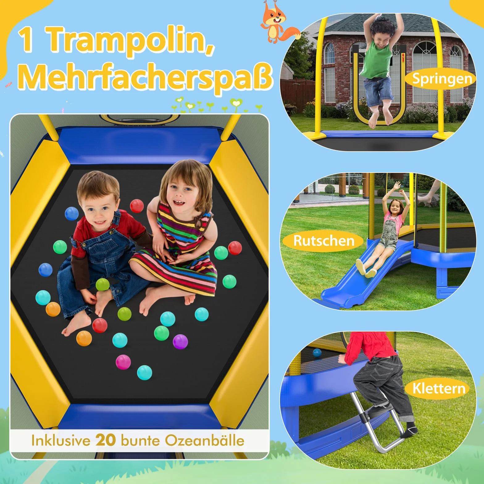 COSTWAY φ223 cm trampolina ogrodowa ze zjeżdżalnią, trampolina zewnętrzna do 270 kg, trampolina dziecięca z drabinką, siatką zabezpieczającą, osłoną krawędzi i piłkami oceanicznymi, dla 3+ lat