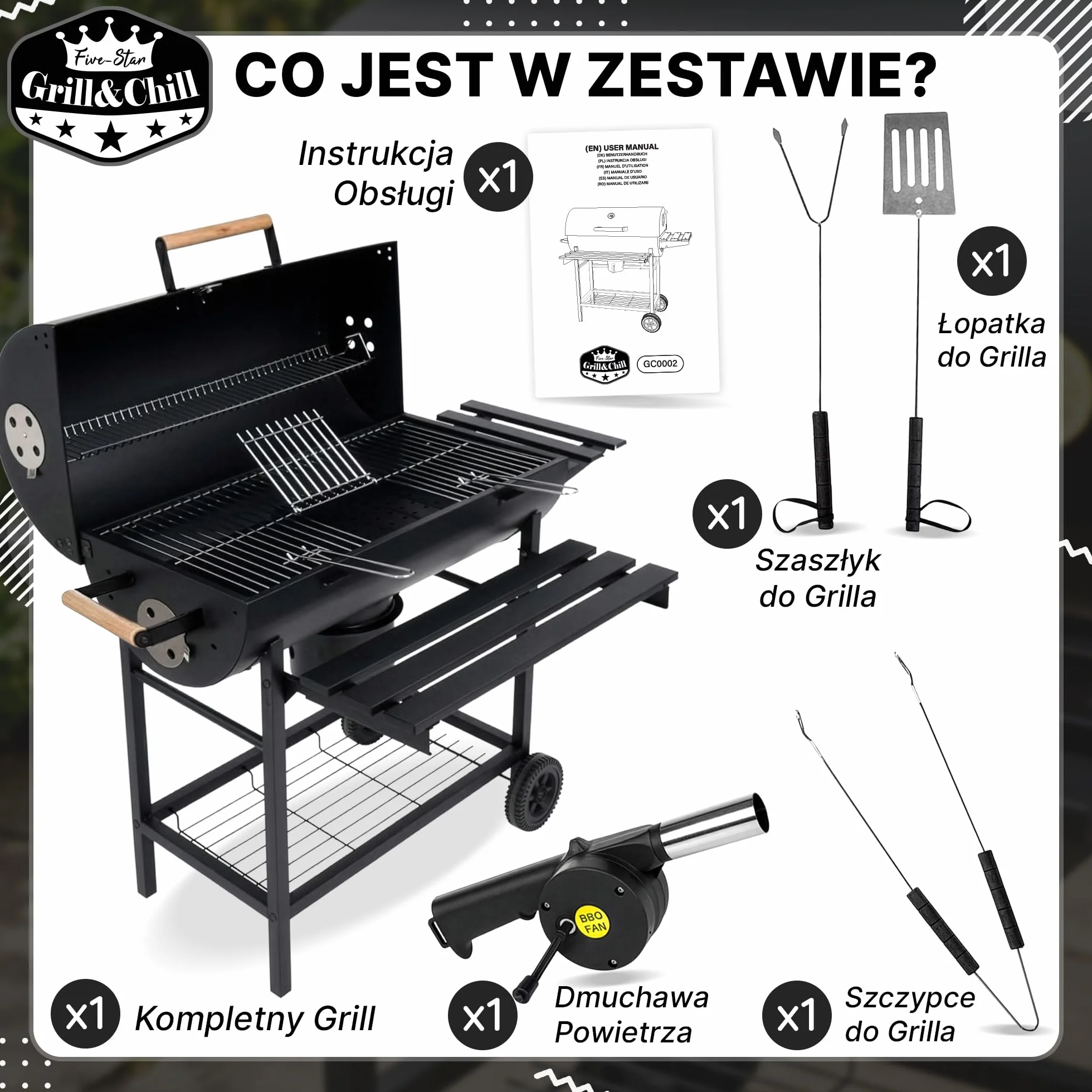 Five-Star Grill & Chill Grill Gril Węglowy - Grill Ogrodowy z Pokrywą, Koła, Półki, Grill Przenośny, powierzchnia rusztu 71 x 35 cm, model GC0002