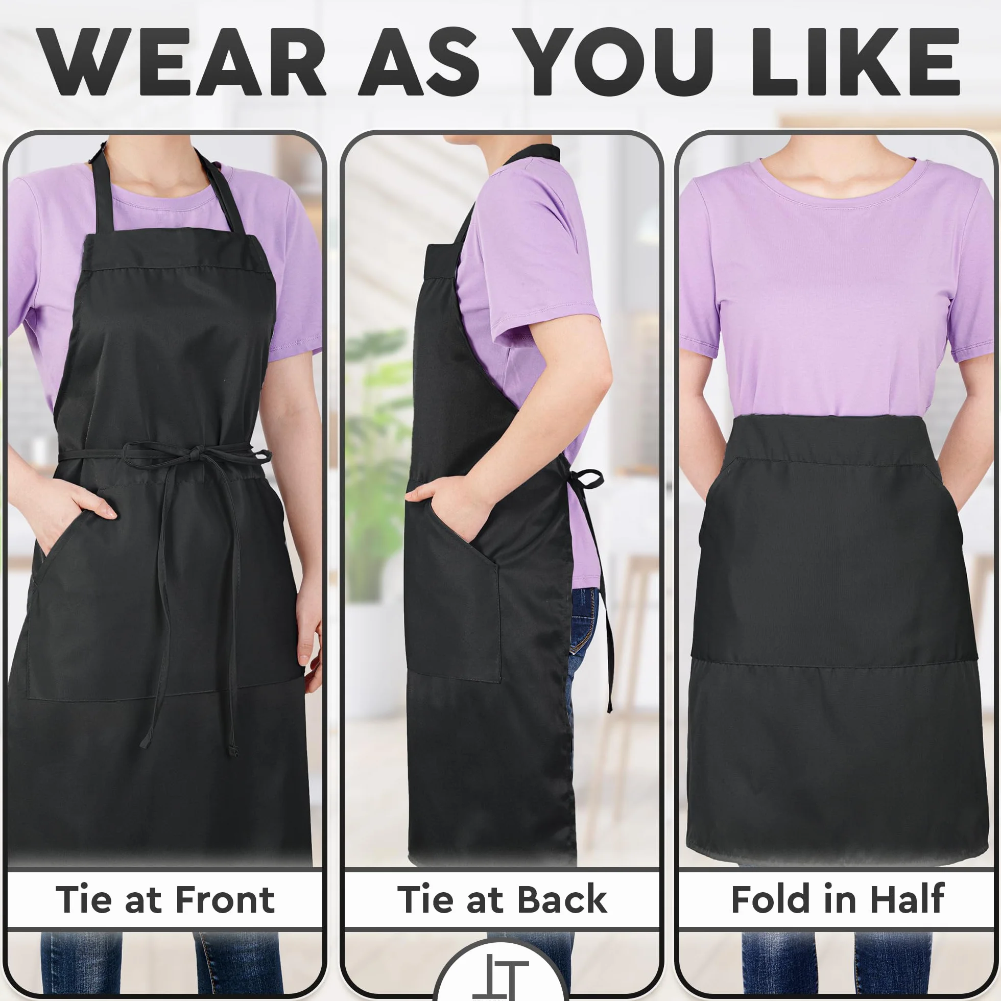 Kitchen Apron for Men & Women - Adjustable Black Apron w/ 1 Large Pocket - 80% Polyester + 20% Cotton Apron for Cooking, Baking, Cleaning & More