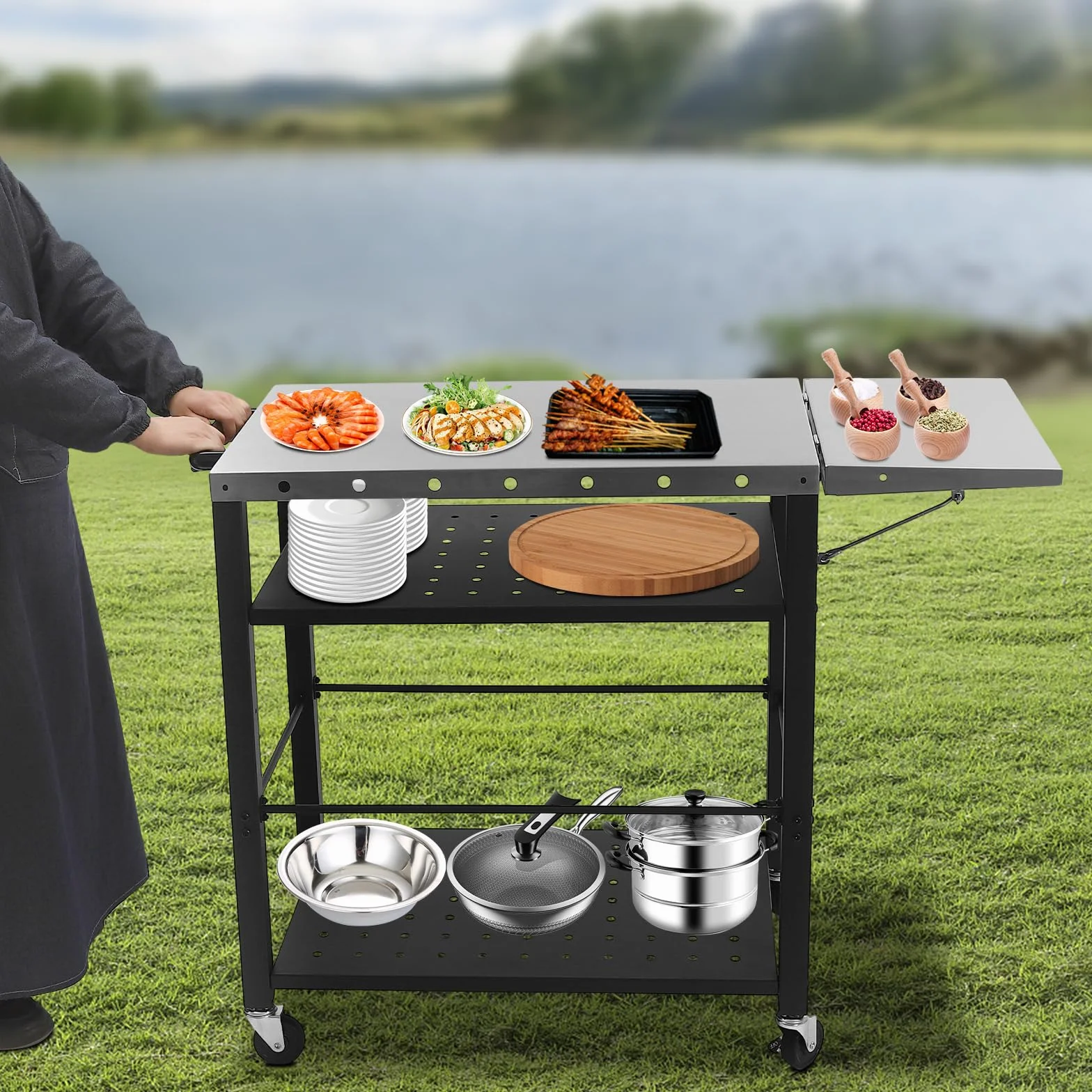 Stół do grillowania, wózek do grillowania, przenośny stojak na grilla, stół do grillowania, stół do serwowania, stół do pizzy, stół warsztatowy, blat roboczy ze składanym stolikiem