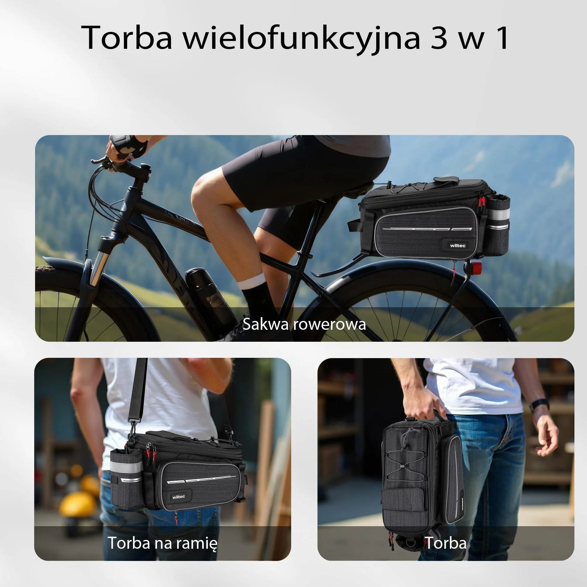 Wiltec sakwa rowerowa 20 l wodoodporna czarna 3 przegrody montaż na bagażnik