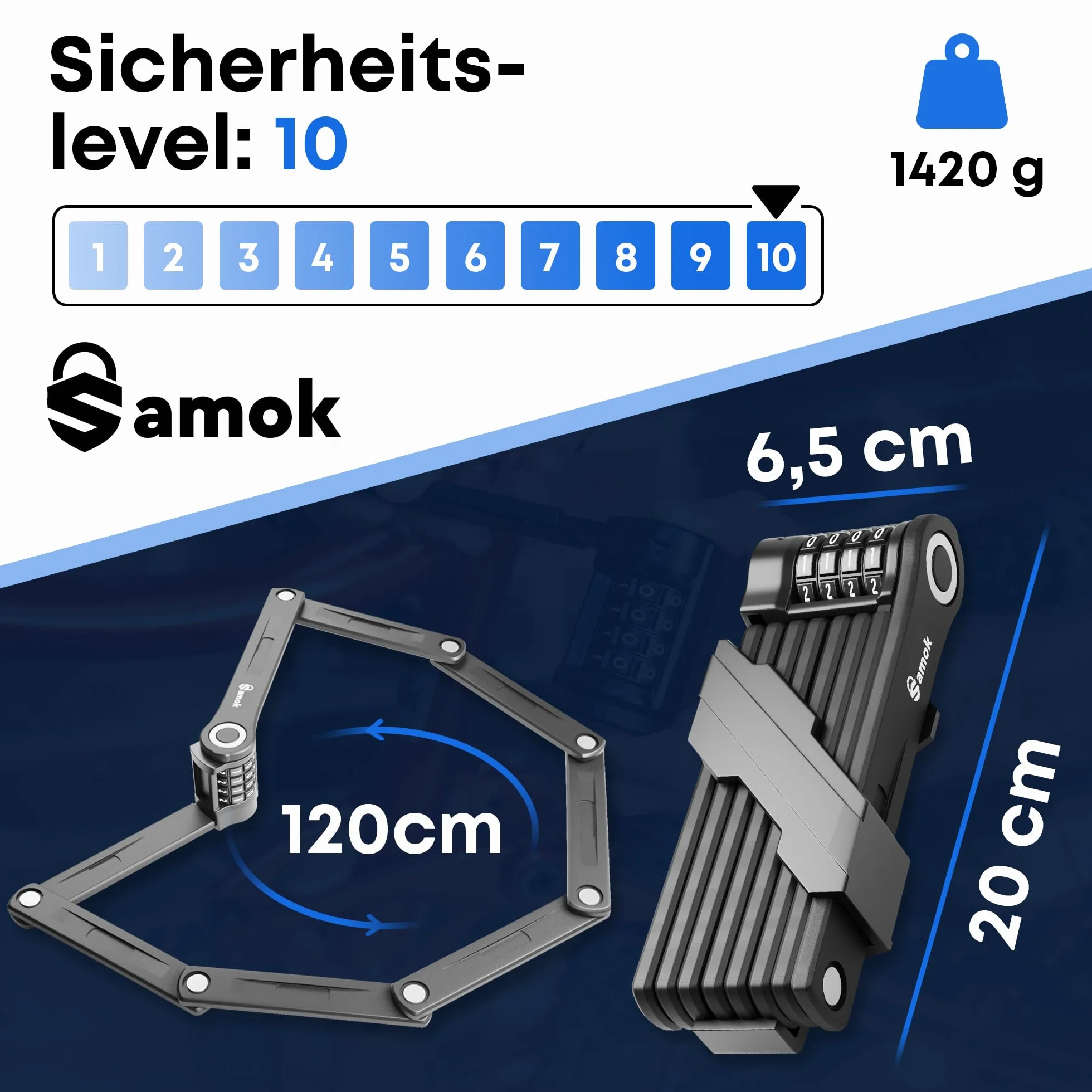 Samok® Zamek rowerowy z 4-cyfrowym kodem 120 cm wraz z uchwytem – składane zapięcie rowerowe, stal składana, z numerami i cyframi, wysoki poziom bezpieczeństwa 10, zabezpieczenie przed kradzieżą