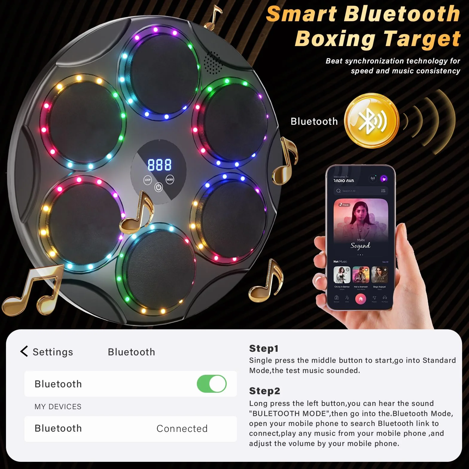 TODO Music Boxing Machine, Smart Bluetooth LED, urządzenie bokserskie z muzyką, 9 trybów prędkości i kolorowe światła, dla dzieci i dorosłych, prezent na Boże Narodzenie