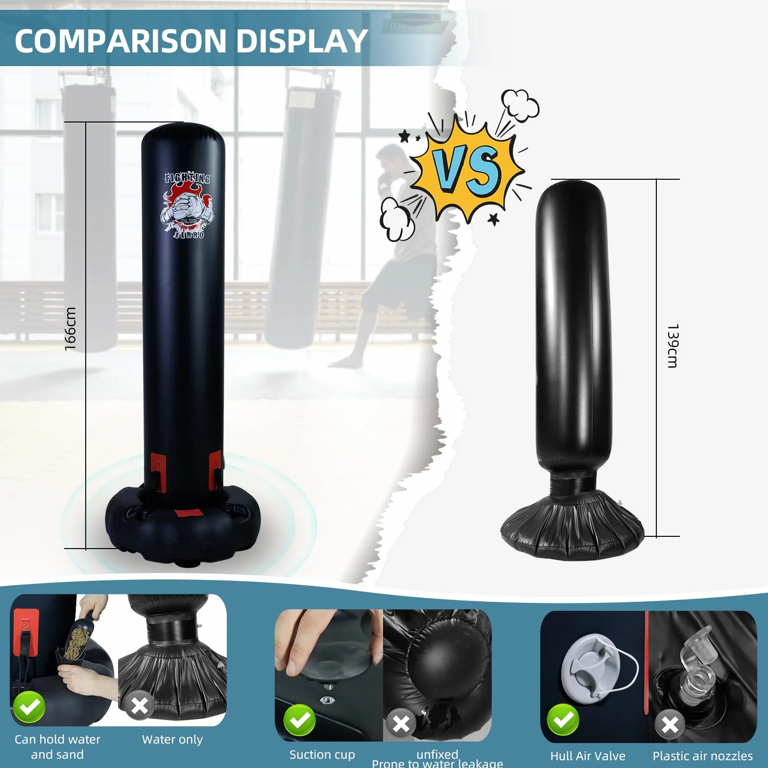 ZERRO worek bokserski 166 cm wolnostojący nadmuchiwany Heavy Duty do boksu kickboxingu MMA